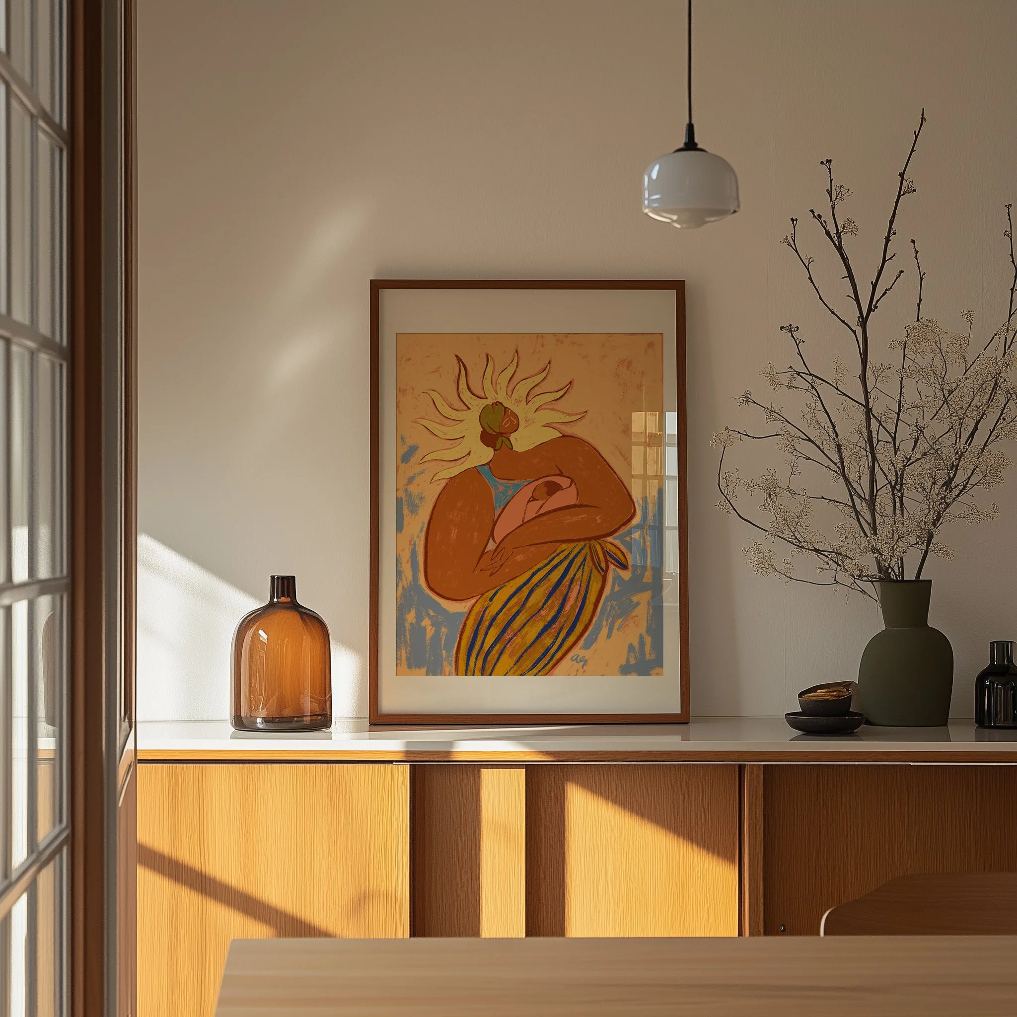 Mother and child bathed in warm sunlight, symbolising love and nurture.