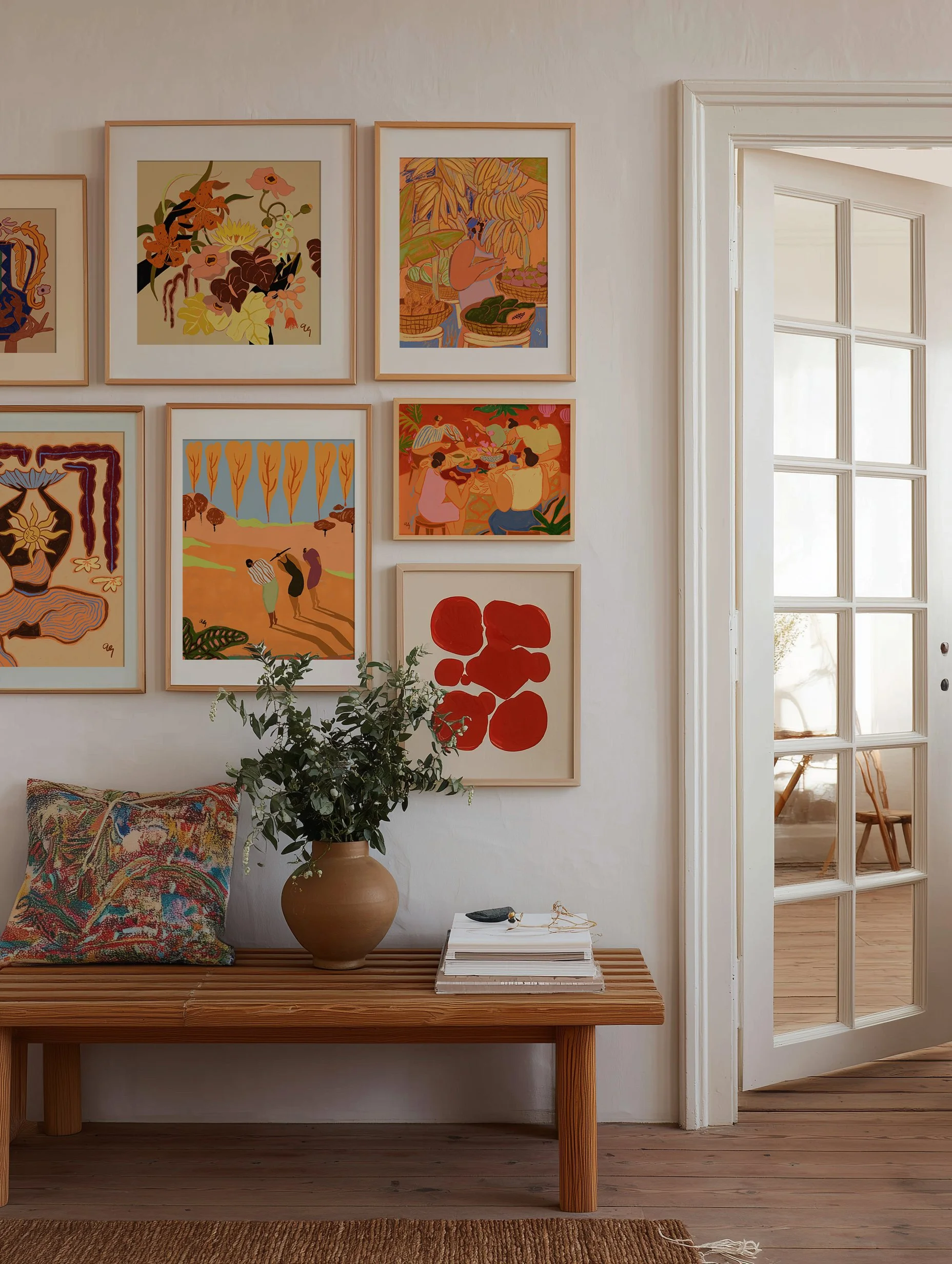 Family sharing reunion dinner in red festive Lunar New Year setting.