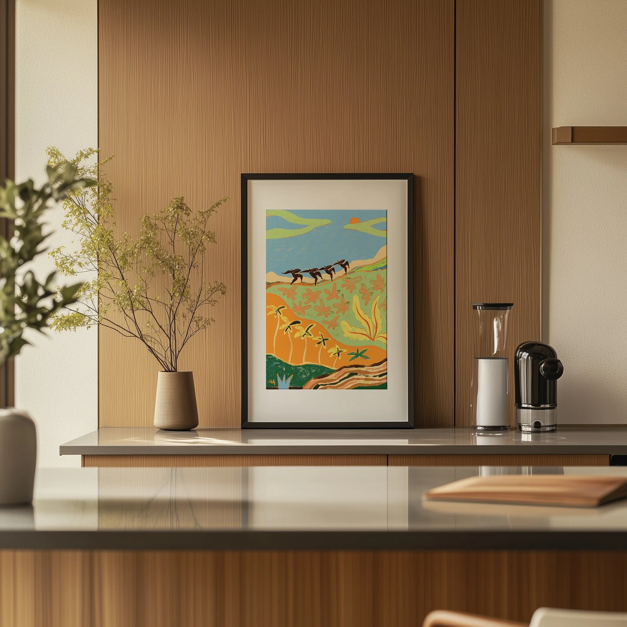 Four abstract figures dancing together in mountain landscape, sunlit.