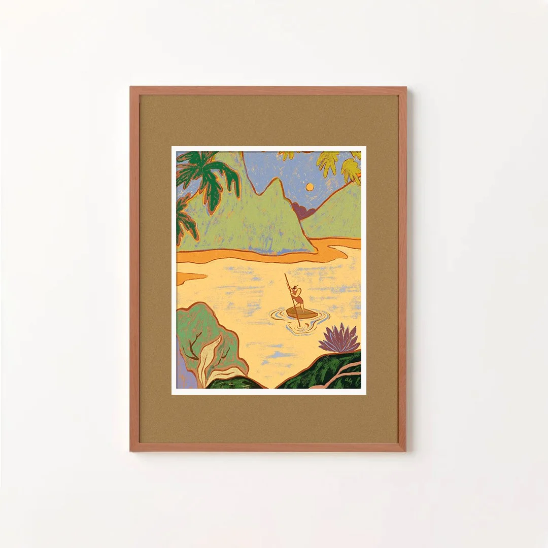 Lone woman rowing a boat through a tropical waterway.