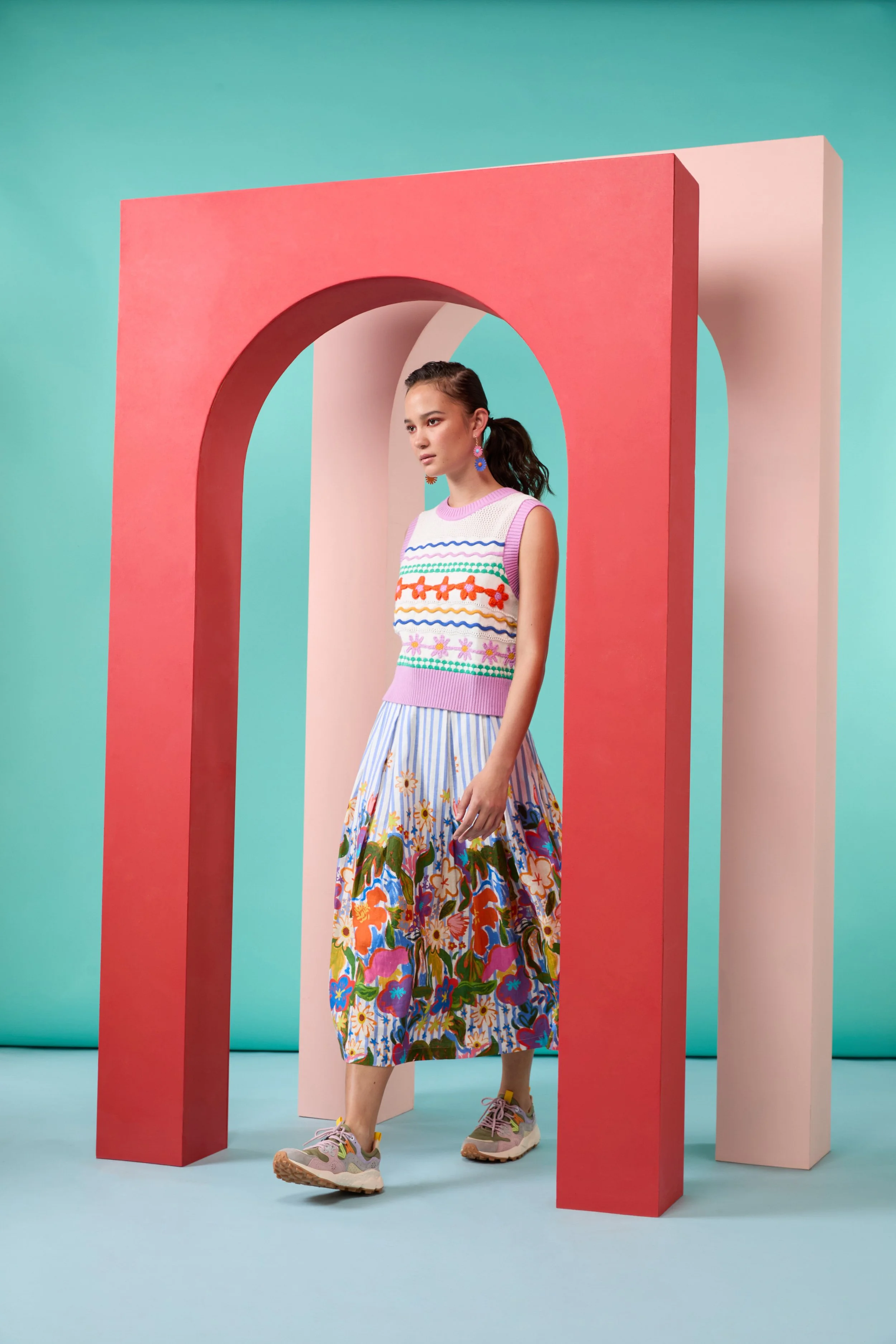 Arty Guava x Gorman collaboration featuring vibrant, joyful art inspired by movement, feminine energy, and playful expression. Colourful wearable art celebrating harmony, creativity, and connection.