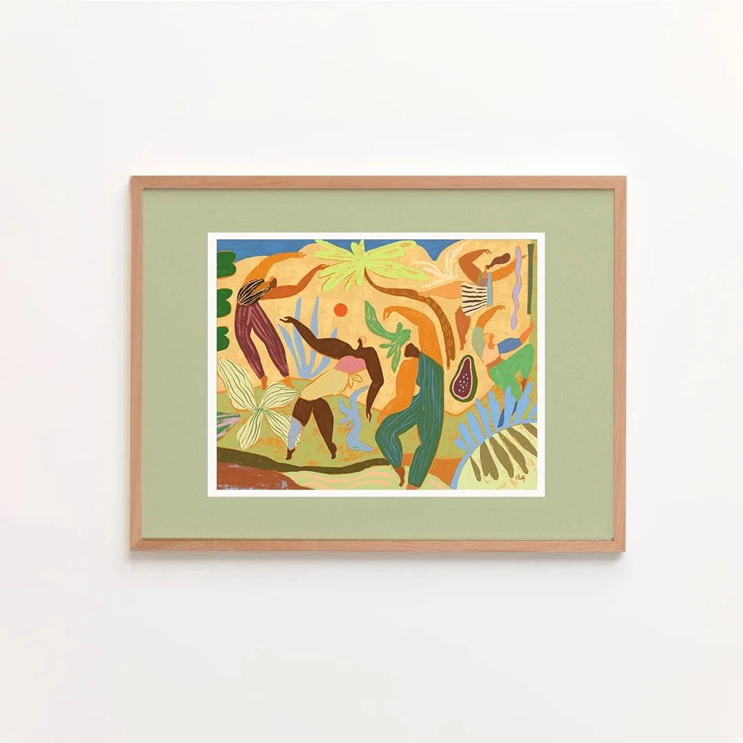 Women dancing joyfully among palm trees and tropical fruit.