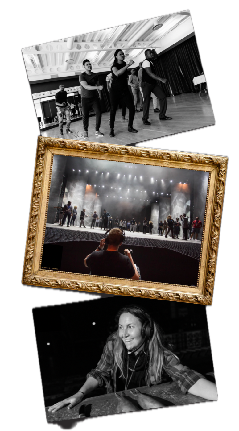 Three photos arranged vertically: the top shows a diverse group of people dancing in a studio, the middle is an audience watching a theater performance, and the bottom is a woman smiling behind a DJ booth with headphones.