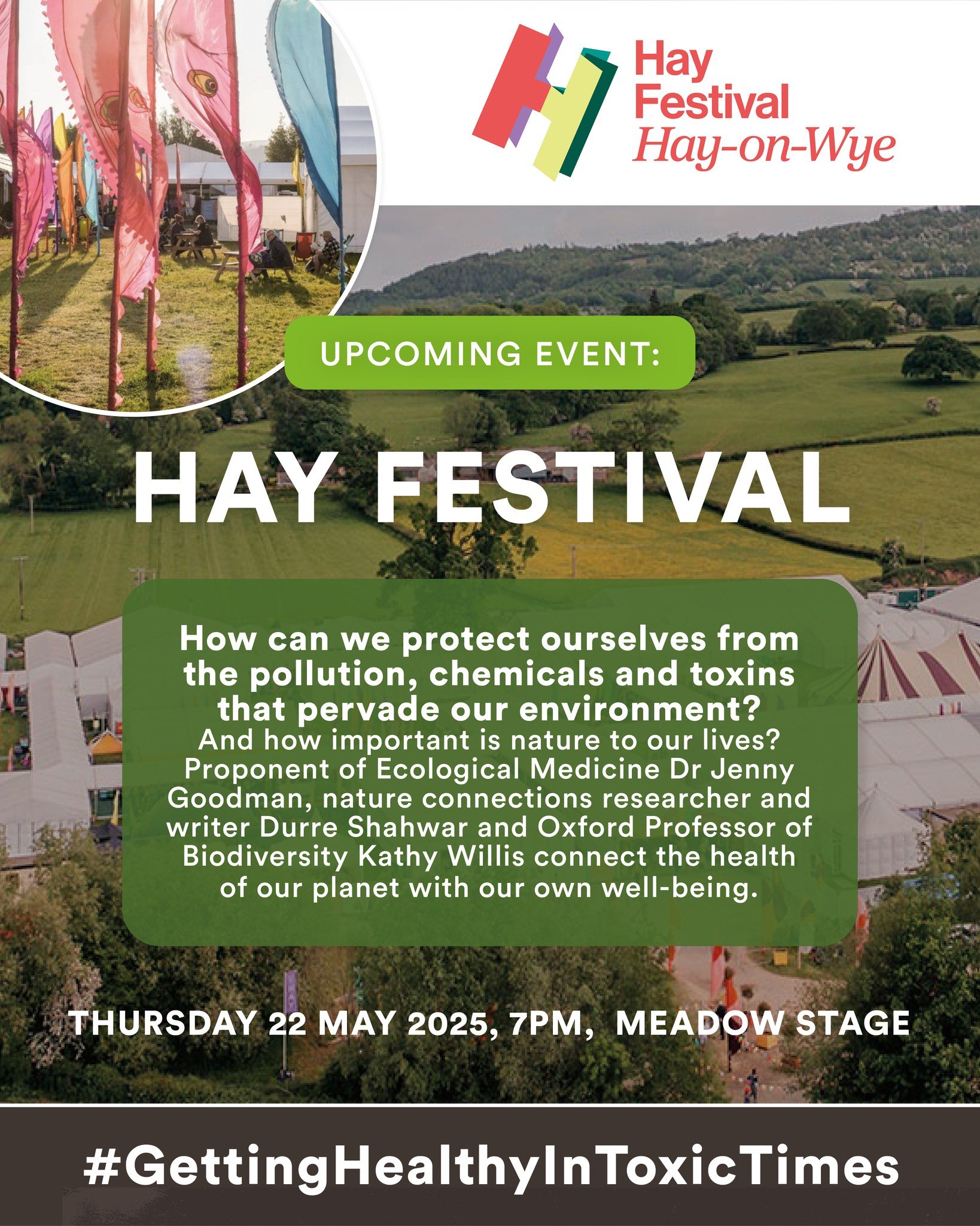 My next event is coming up this Thursday at @hayfestival!

Details below:

Jenny Goodman, Durre Shahwar and Kathy Willis talk to Ben Garrod
Nature for Health | Thursday 22 May 2025, 7pm &ndash;  Meadow Stage

How can we protect ourselves from the pol