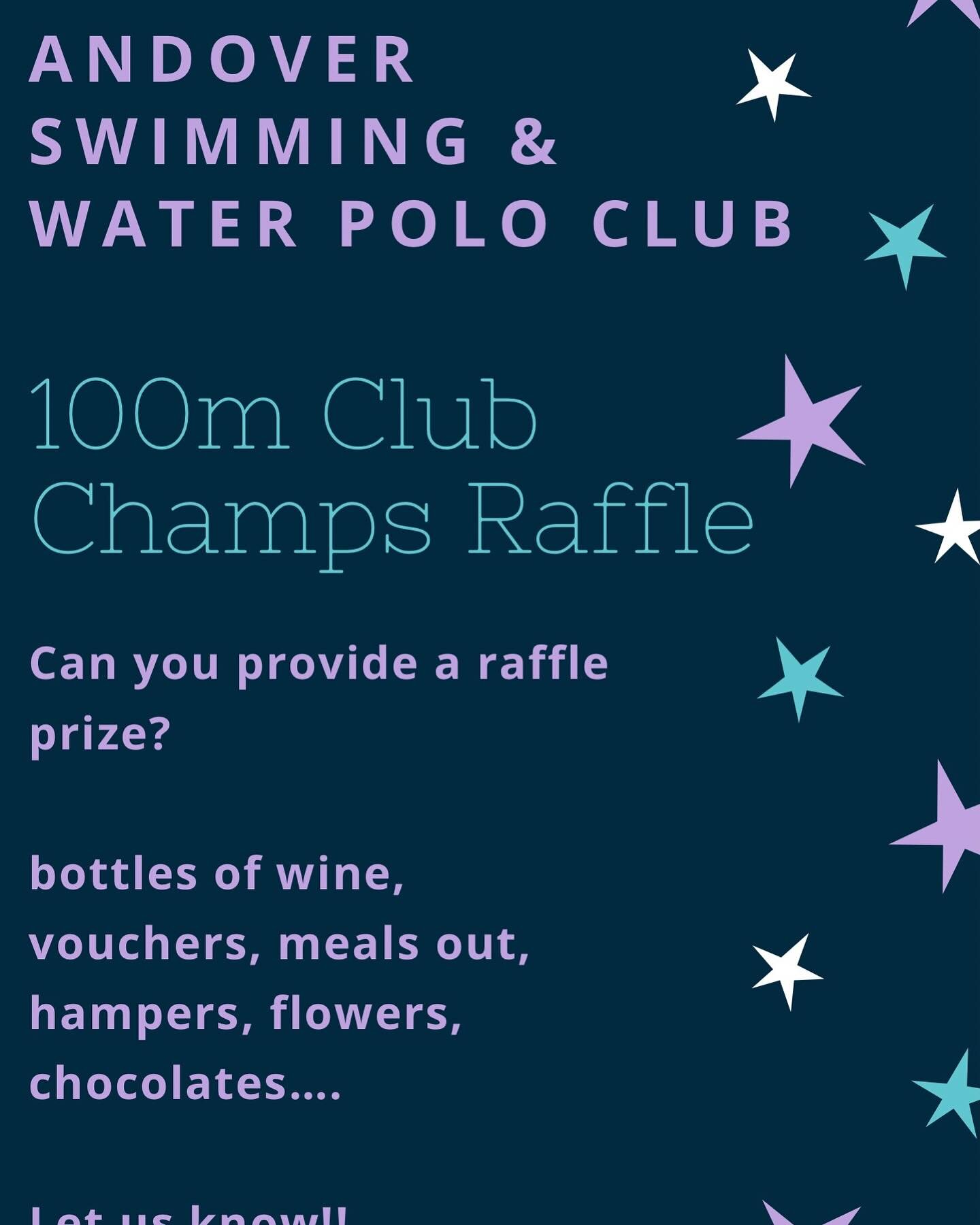 In advance of our 100m club champs we are now accepting raffle prizes! 

Are you a local business that would like to reach over 100 swimmers, parents, friends and relatives? 

Are you able to donate a prize, small or large! 

Can you donate vouchers?