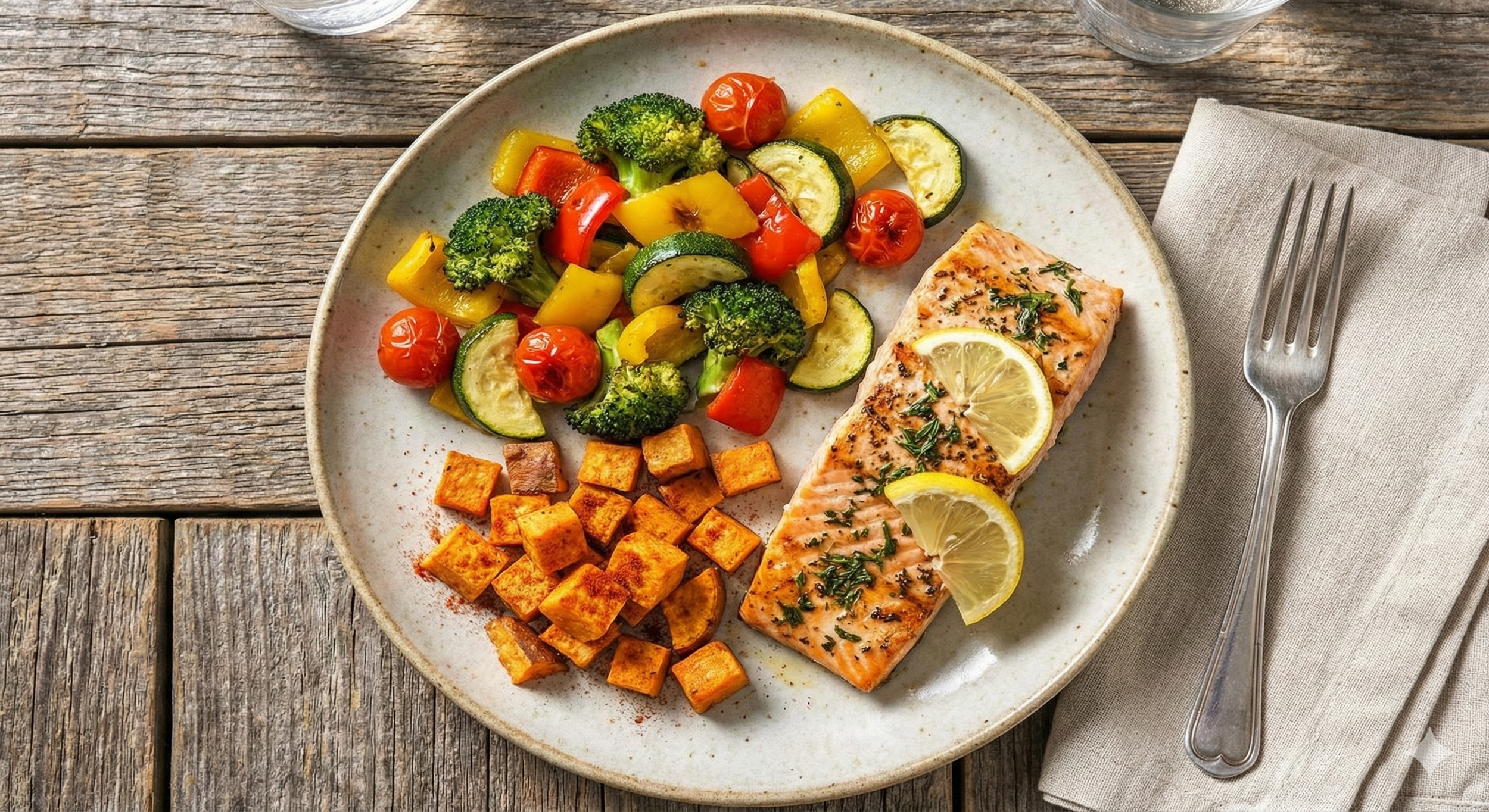 A healthy, balanced dinner plate with grilled salmon, roasted sweet potatoes, and mixed seasonal vegetables.
