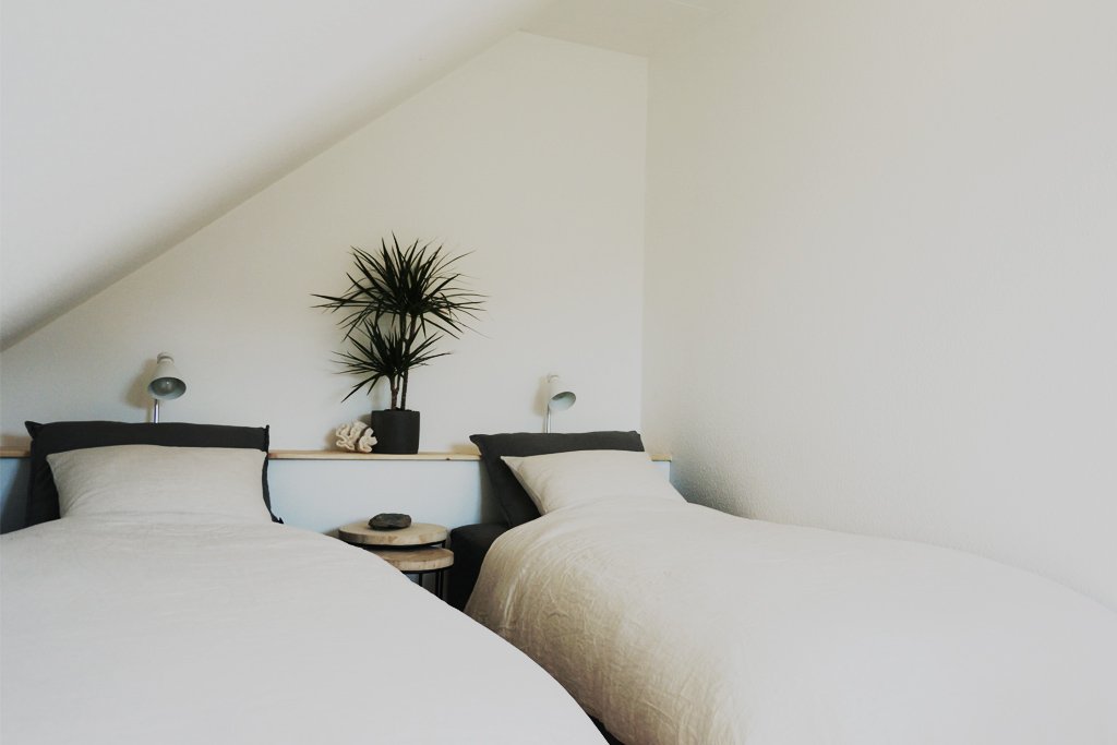 Minimalist bedroom with two twin beds, white bedding, a small plant on a shelf, and modern wall lamps.