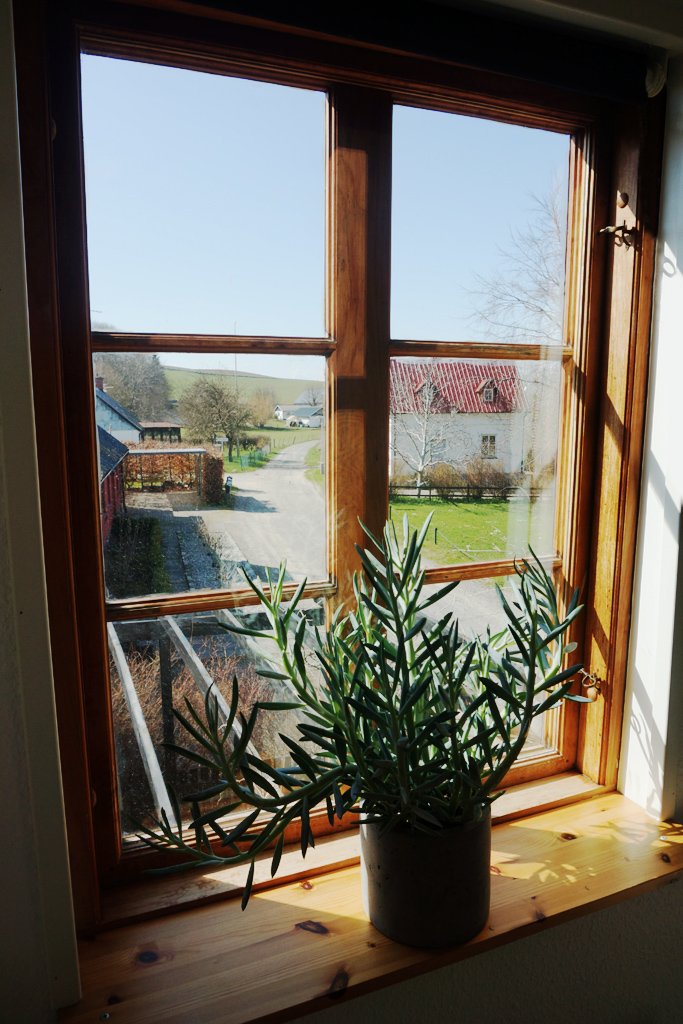 View through a wooden-framed window with a potted plant on the sill, showing a scenic rural landscape with houses, a road, and green fields under a clear blue sky.