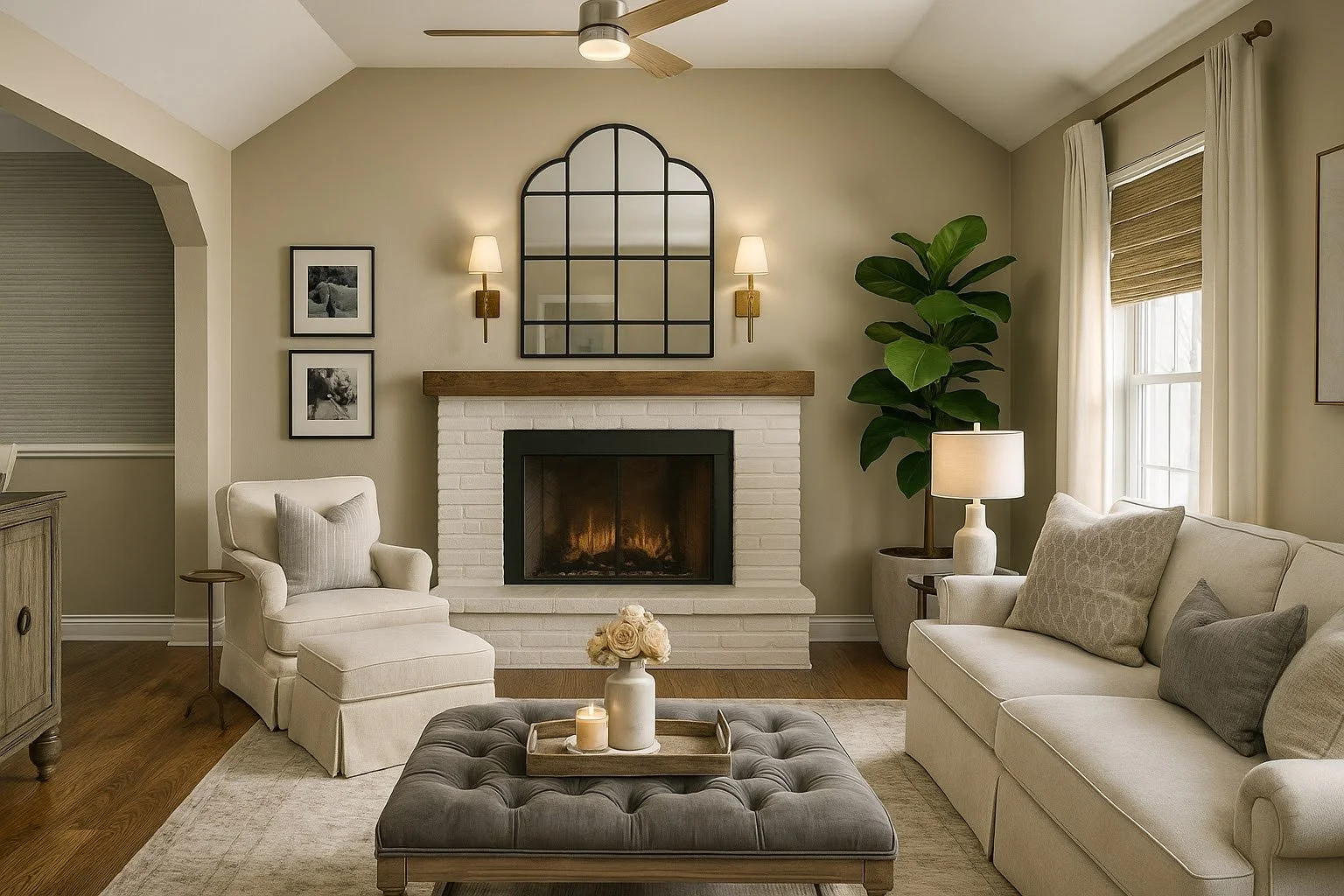 Living room with a white brick fireplace, beige walls, and a large mirror above the mantel. There are two wall sconces on either side of the mirror. To the right, a large green potted plant sits next to a window with white curtains and a roman shade. The room has a white sofa with pillows, an armchair with a matching pillow, a wooden side table with a lamp, and a tufted ottoman with a tray holding a vase of flowers and candles. Hardwood floors and a beige area rug complete the room.