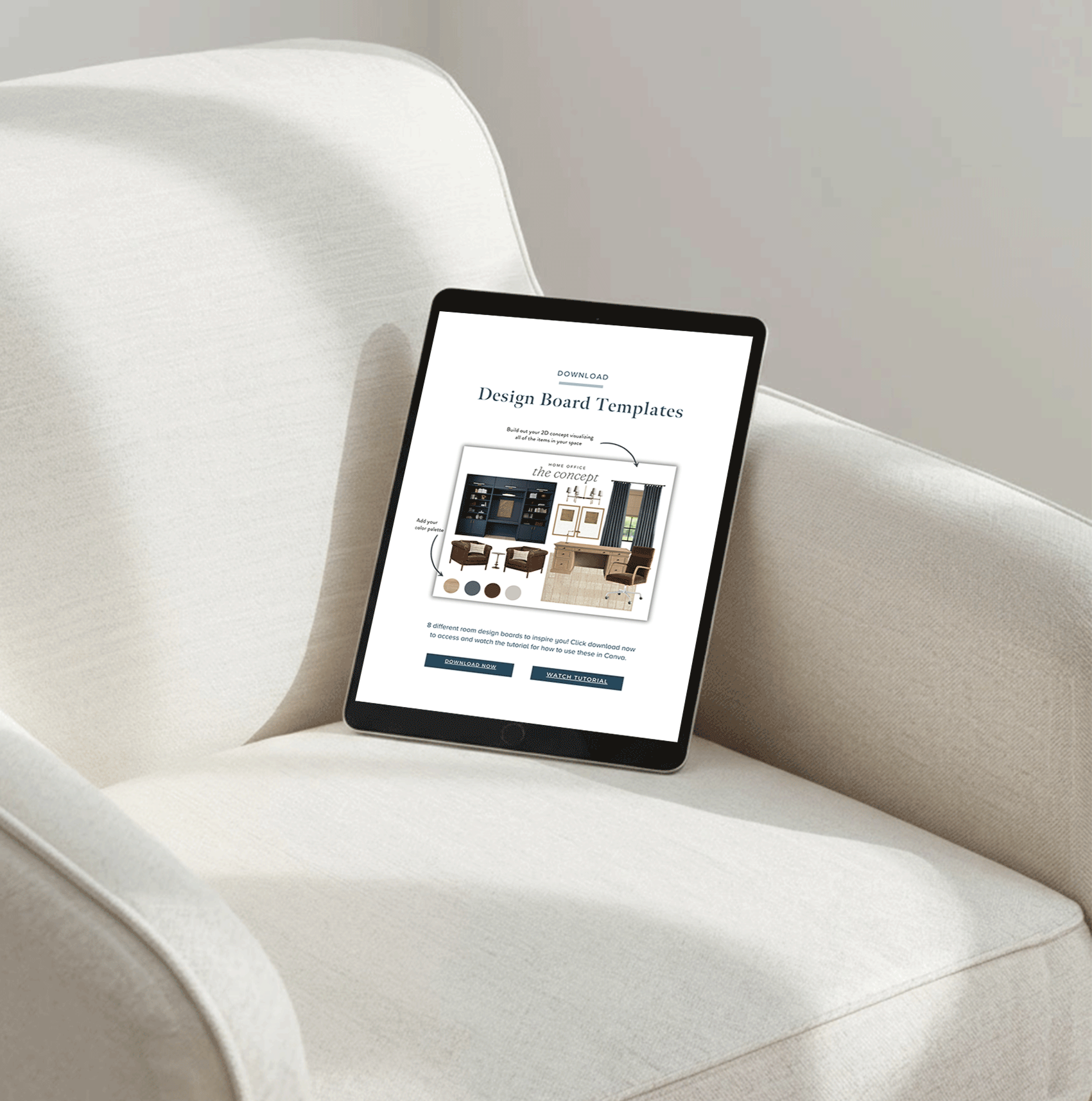 Tablet on a white couch displaying a webpage about design board templates.