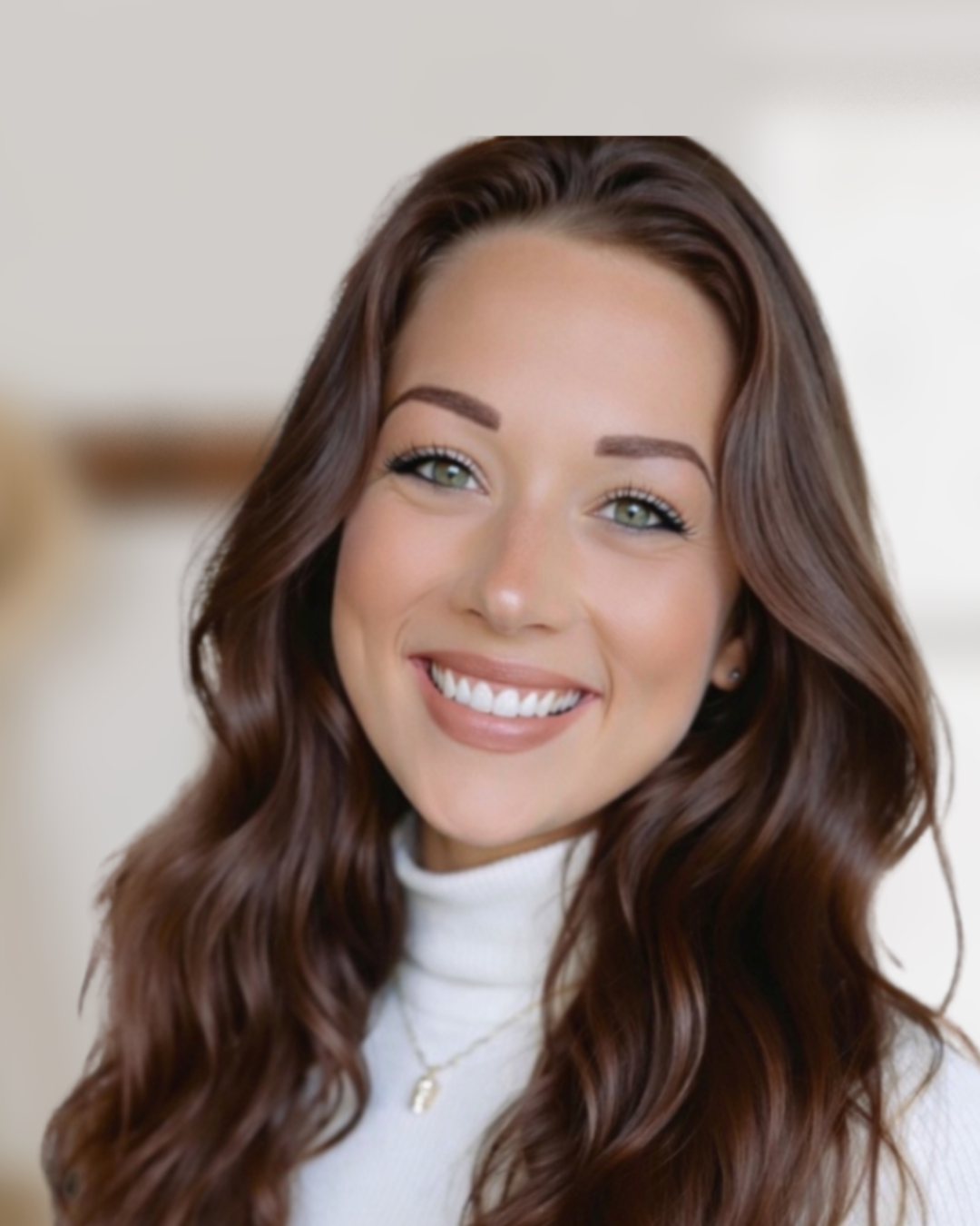 A smiling woman with long, wavy brown hair, green eyes, and wearing a white turtleneck sweater.