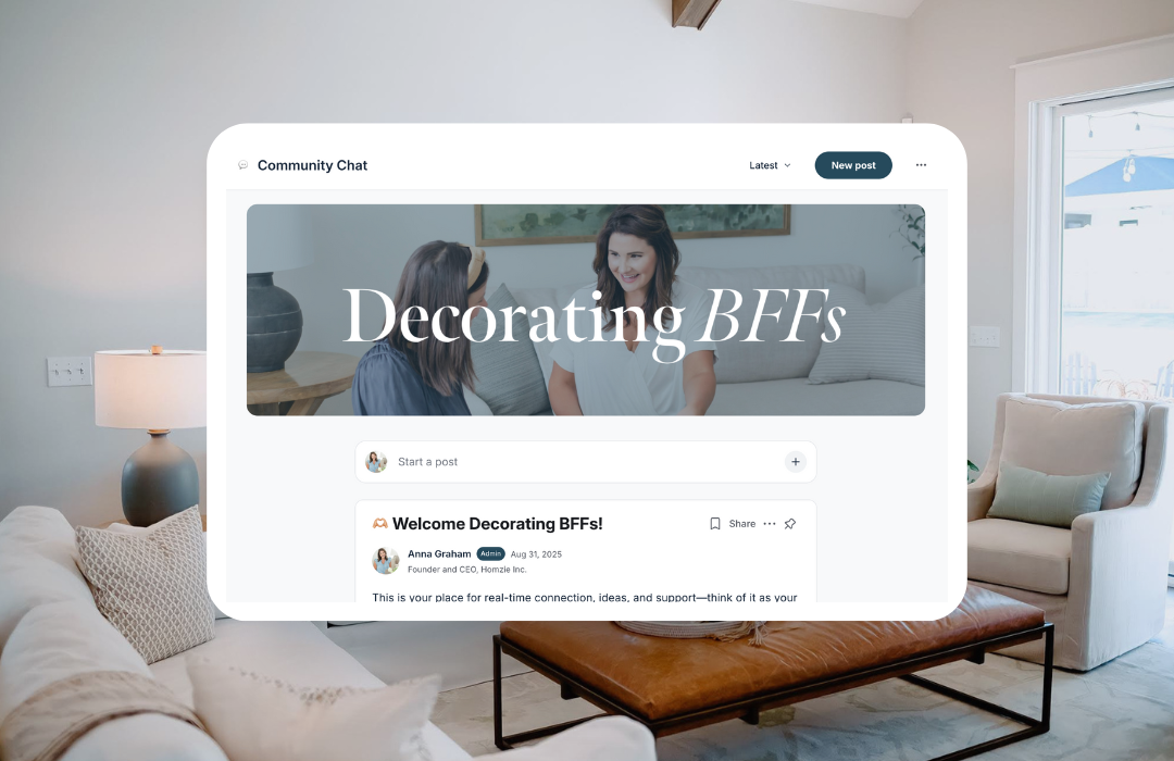 A digital community chat interface labeled "Decorating BFFs" with a post welcoming decor-loving friends, set against a cozy living room with a sofa, armchair, side table, lamp, and window with outdoor view.