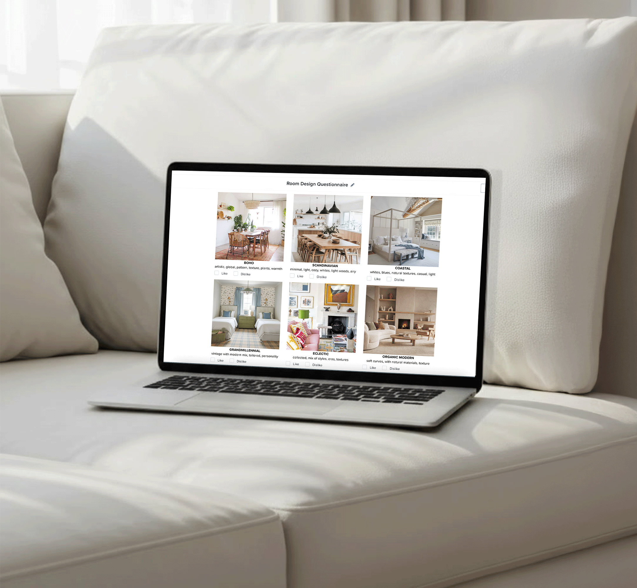 Laptop on a white couch displaying a room design questionnaire with images of different interior styles.