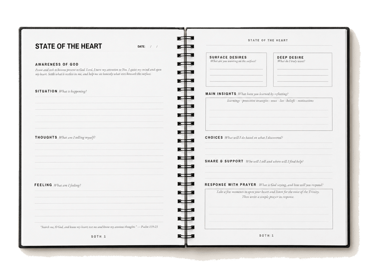 An open State of the Heart Journal spread showing a guided reflection entry