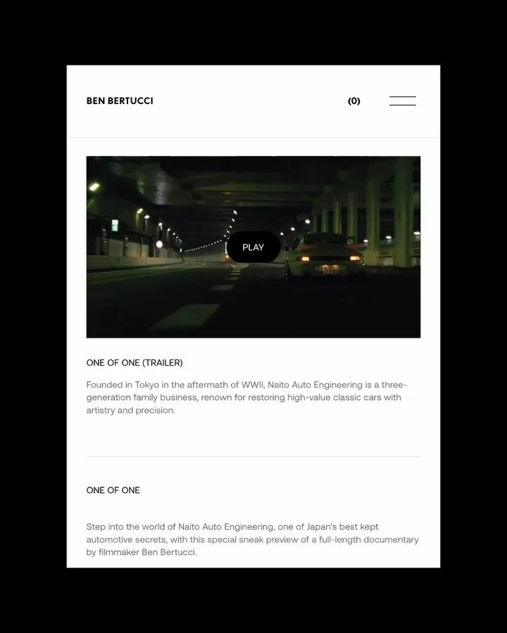 Some screenshots of the new website designed for Ben Bertucci on the run up to the premiere of his latest film ONE OF ONE (September 1 on Apple and Amazon). 

The new website showcases an initial look into his works, ONE OF ONE page and shop. We will