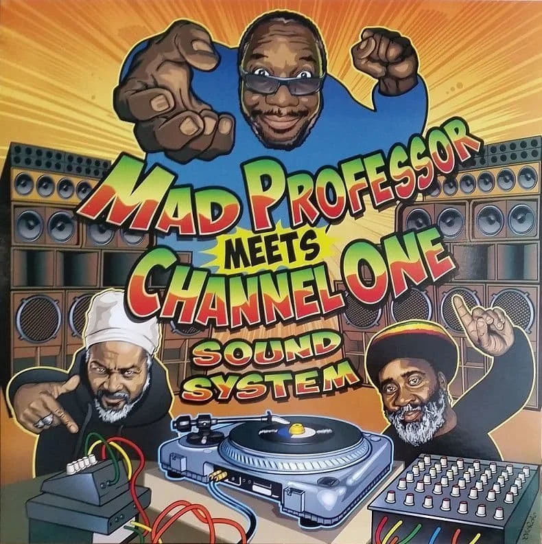 Cartoon drawing of Mad Professor and Channel One soundsytem event flyer