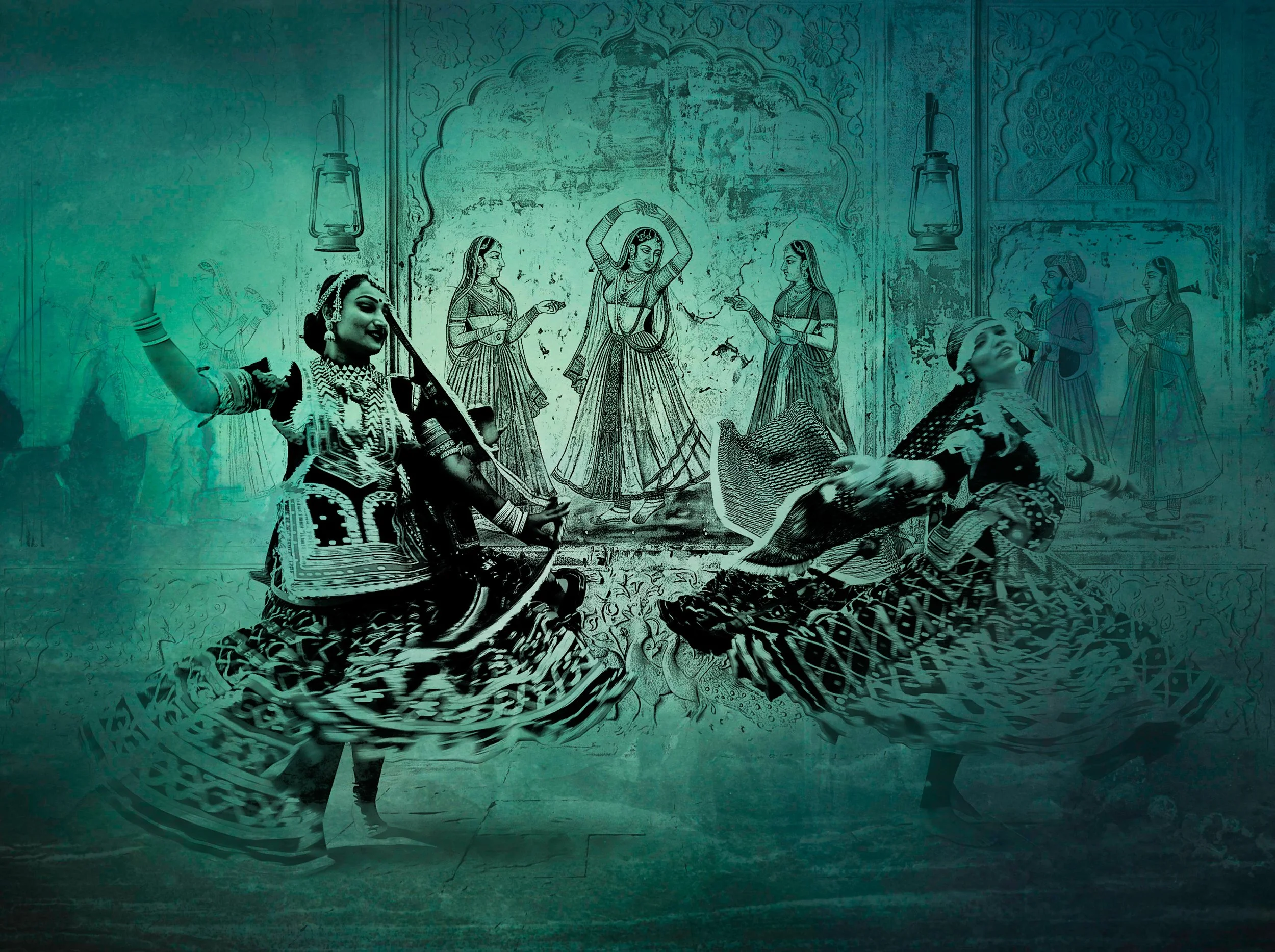 kabelia dancers against a background of paintings of dancing nautch girls