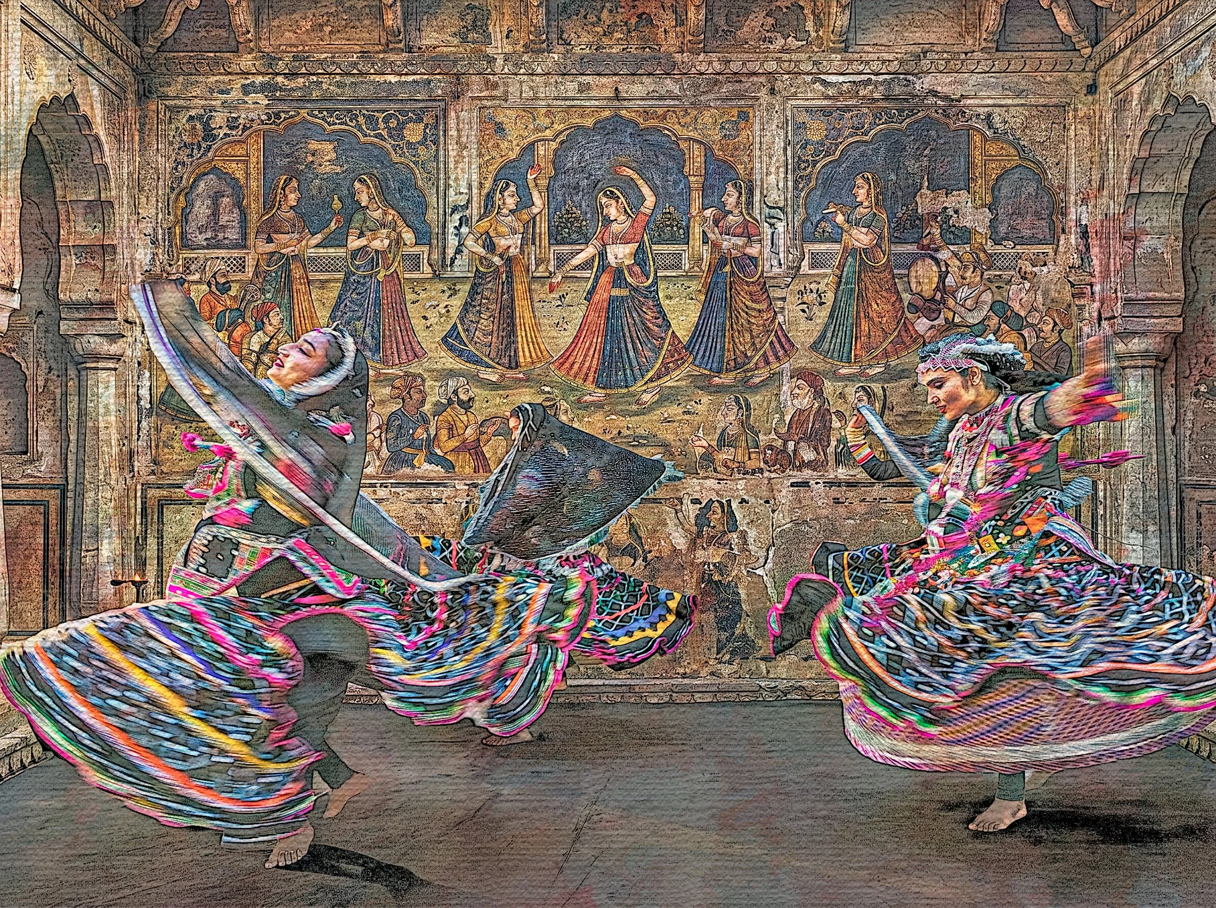 kabelia dancers against a backdrop of painted nautch girls