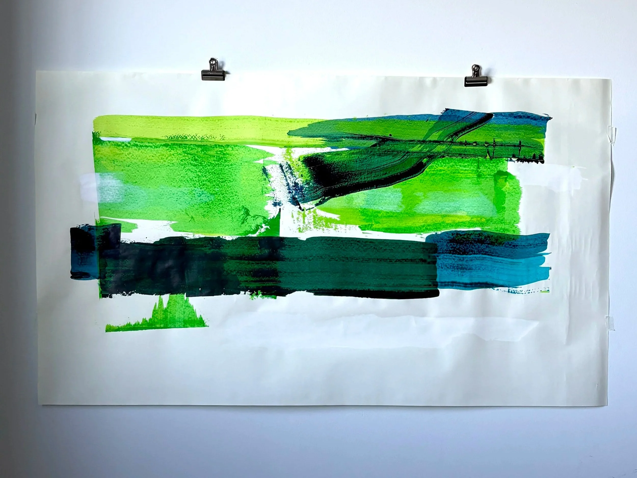 "New Life", 6 × 3.5 feet, Acrylic painting on heavyweight paper. 2026. Hope, regeneration, and peace. New life flows on. Light green represents young life, dark green represents mature life, blue is life-giving water, and white is word of peace sprea