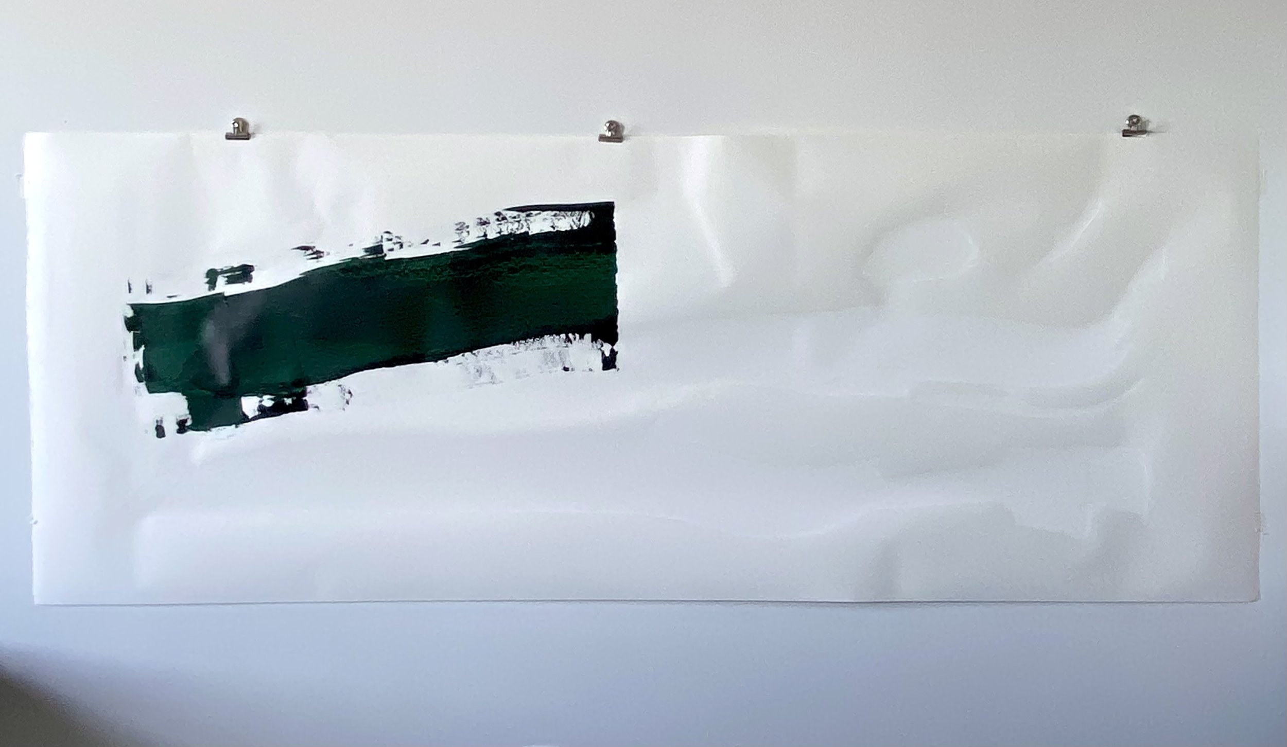 "Peace and Rumors of Peace", 8 x 3.5 feet. Acrylic on heavyweight paper. 2026. Soaring white and a streak of evergreen, the color of life and eternity.