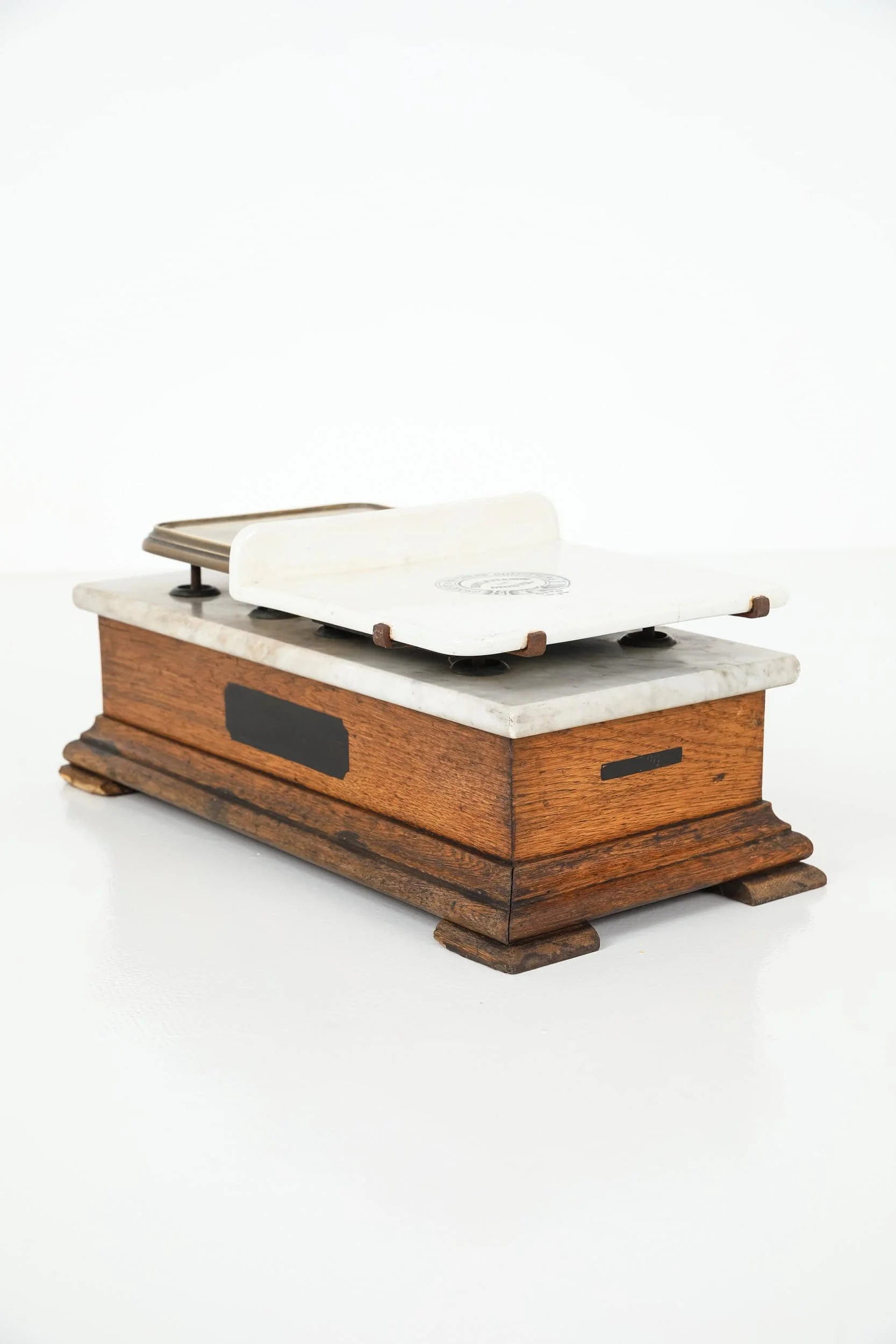 Antique Early 20th Century Oak, Brass, Marble and Ceramic Butchers Weighing Scales (1).jpg