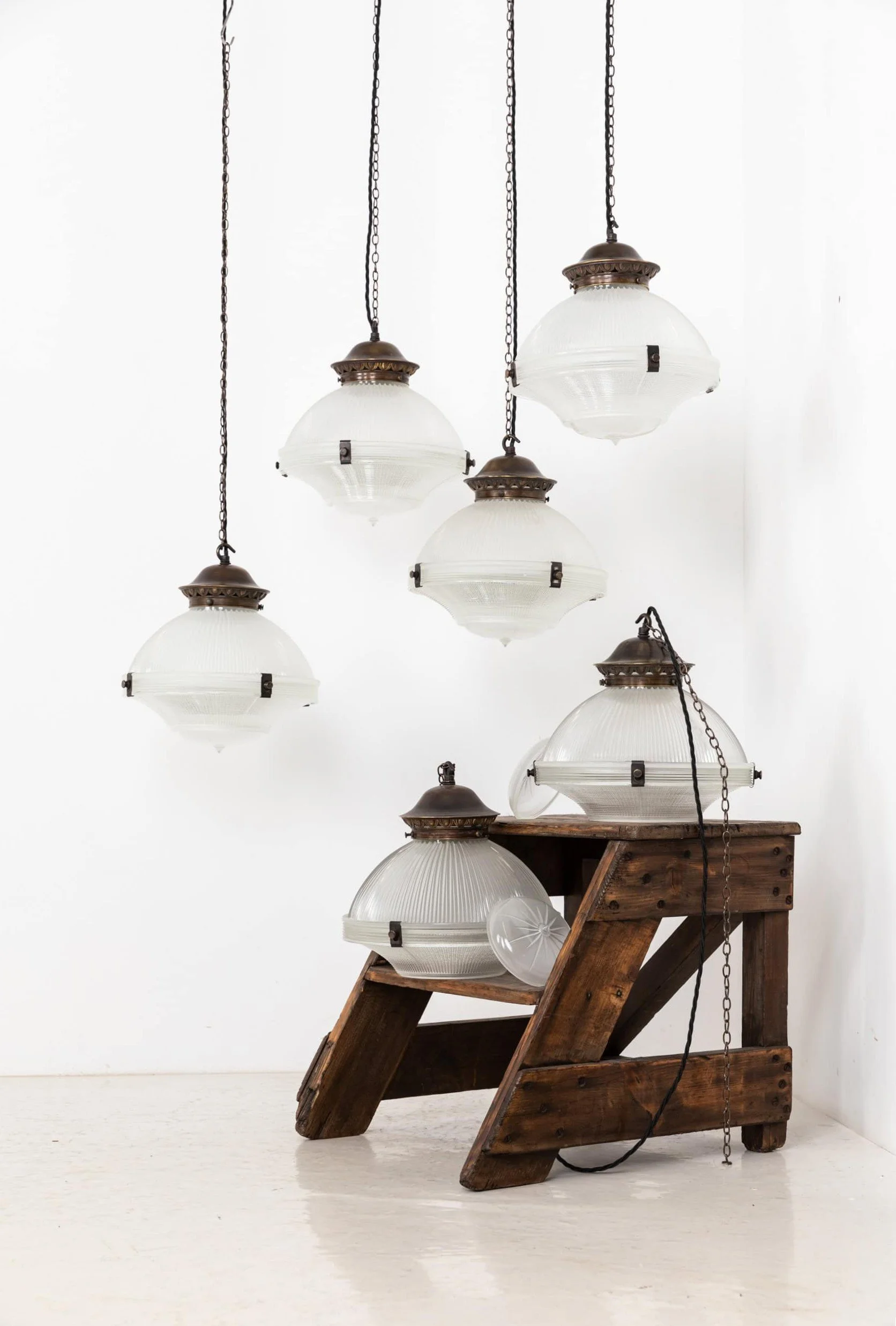 Run of Antique 12" Holophane 'Reflector-Refractor' Glass Pendant Lights