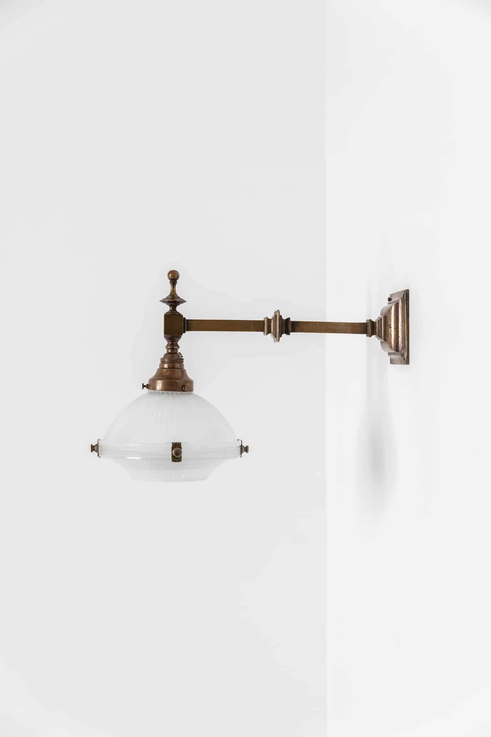 Vintage Antique Industrial Brass GEC and Prismatic Glass Holophane Wall Lamp (1).jpg