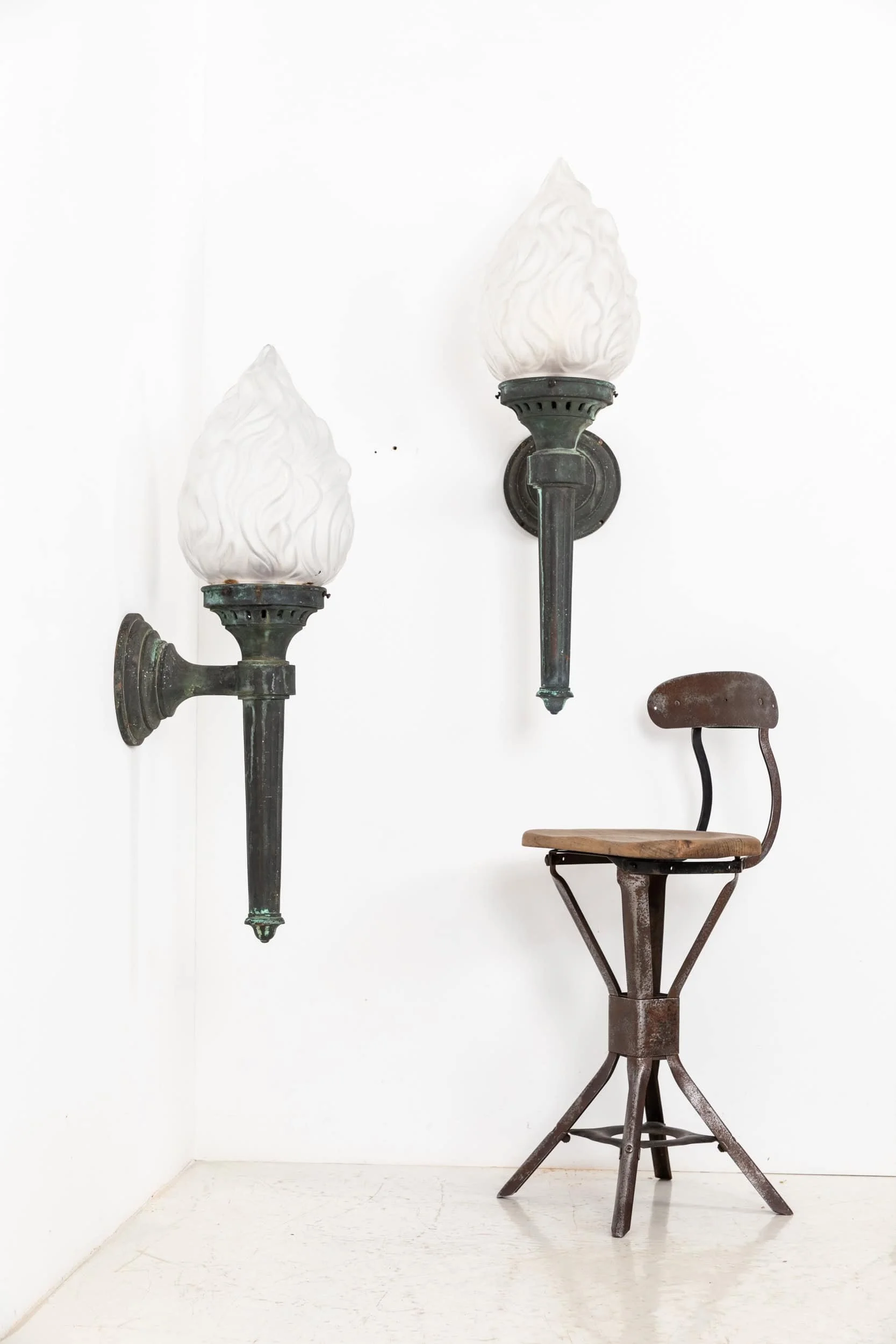 Antique Victorian Monumental Verdigris Bronze Outdoor Torch Flame Wall Lights (5).jpg