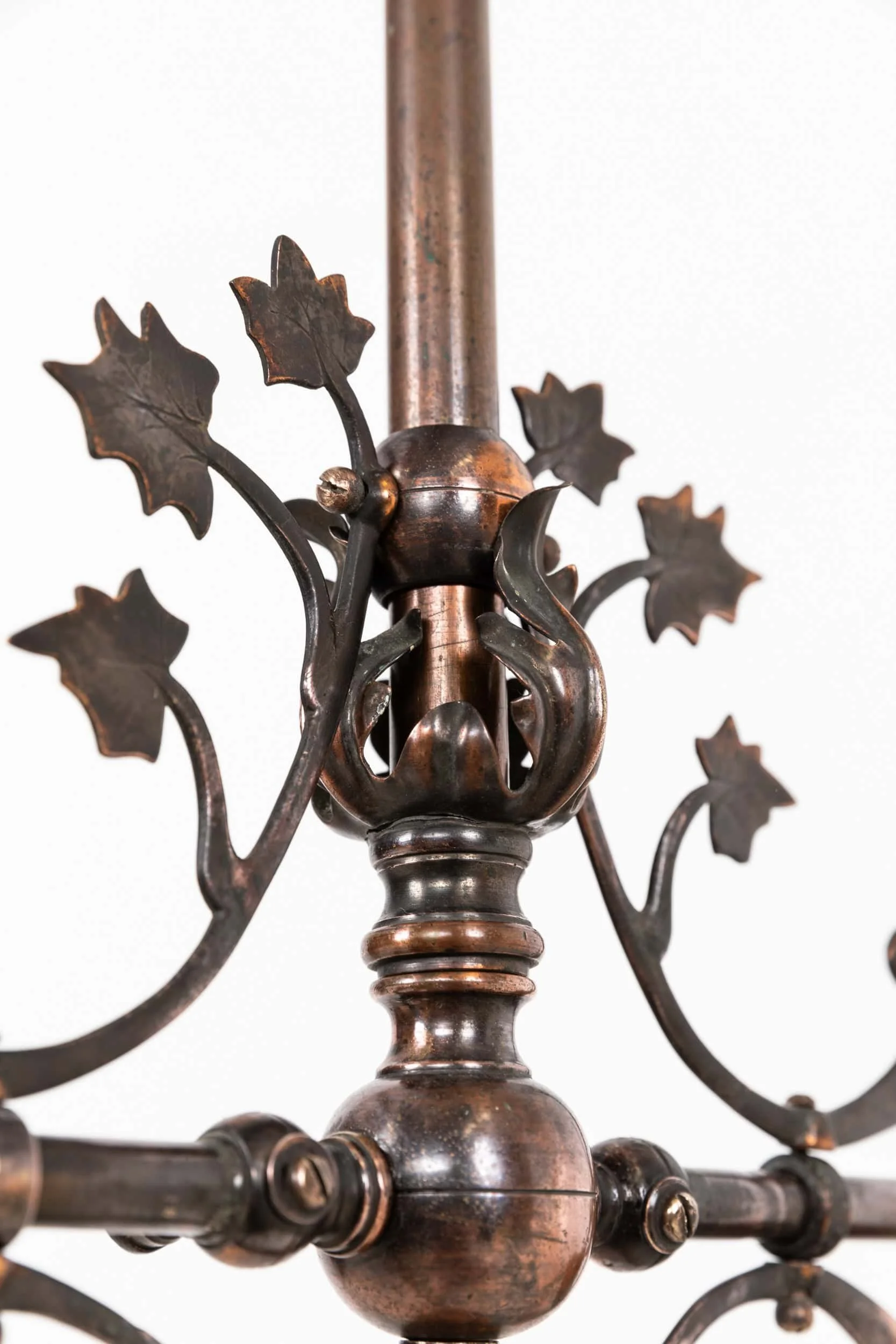 Antique Art Nouveau Copper Brass Twin Arm Ceiling Light with Holophane Shades (4).jpg