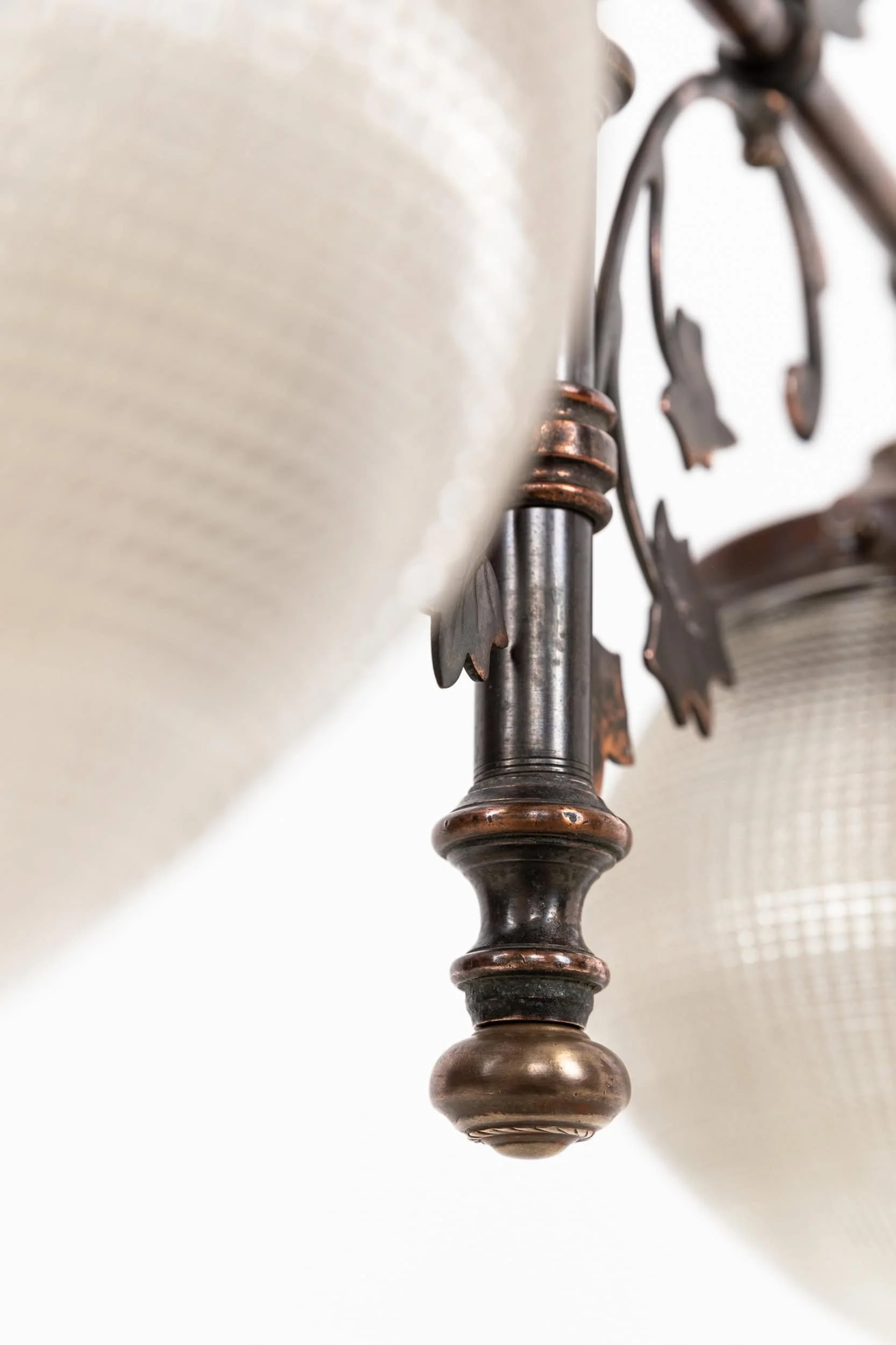 Antique Art Nouveau Copper Brass Twin Arm Ceiling Light with Holophane Shades (5).jpg