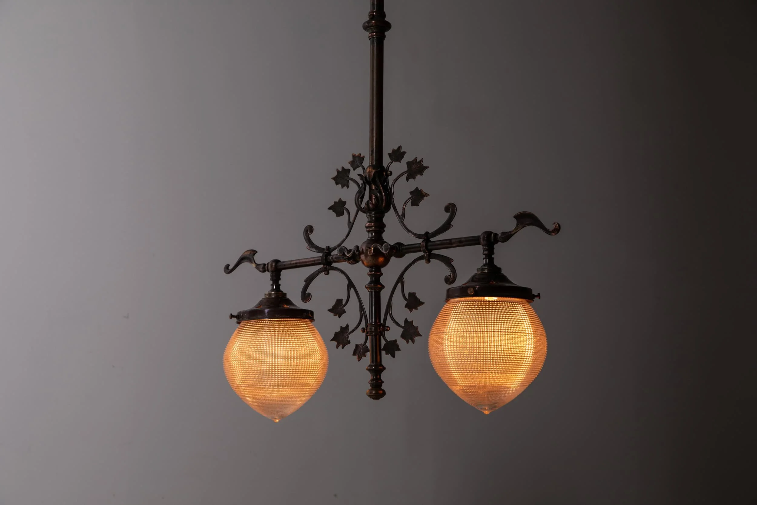 Antique Art Nouveau Copper Brass Twin Arm Ceiling Light with Holophane Shades (8).jpg