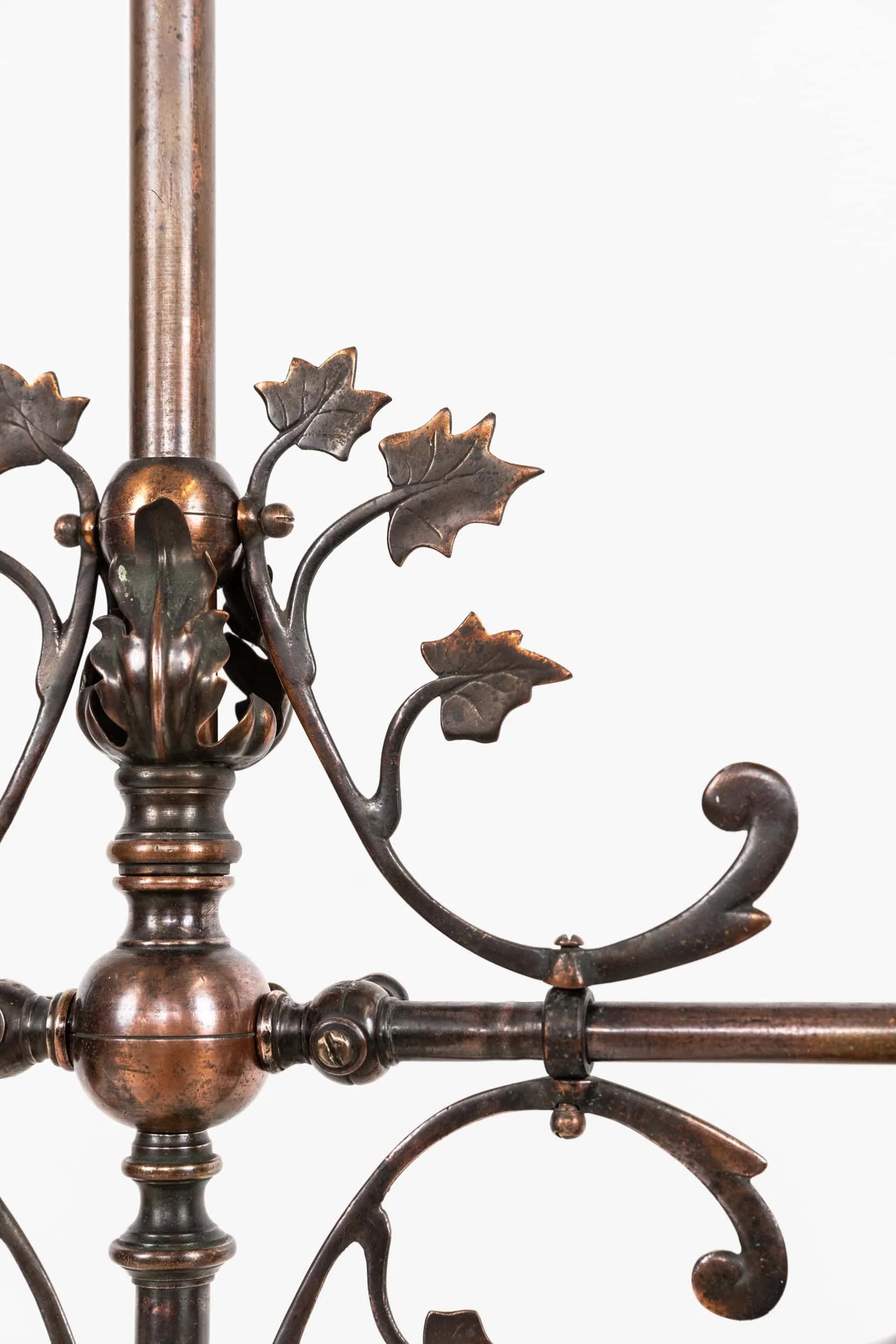 Antique Art Nouveau Copper Brass Twin Arm Ceiling Light with Holophane Shades (25).jpg