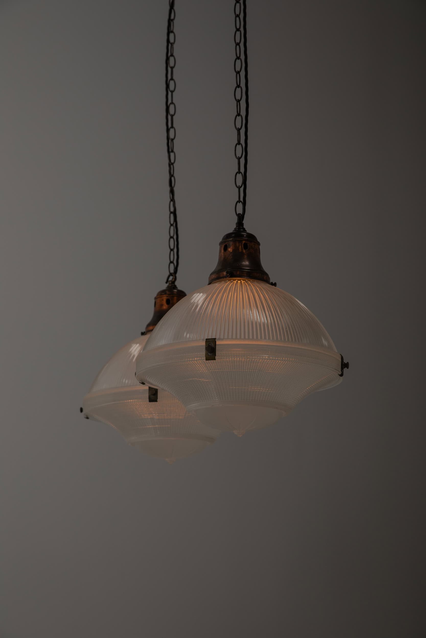 Pair of Antique Prismatic Glass 14 Inch Holophane Pendant Lights (2).jpg