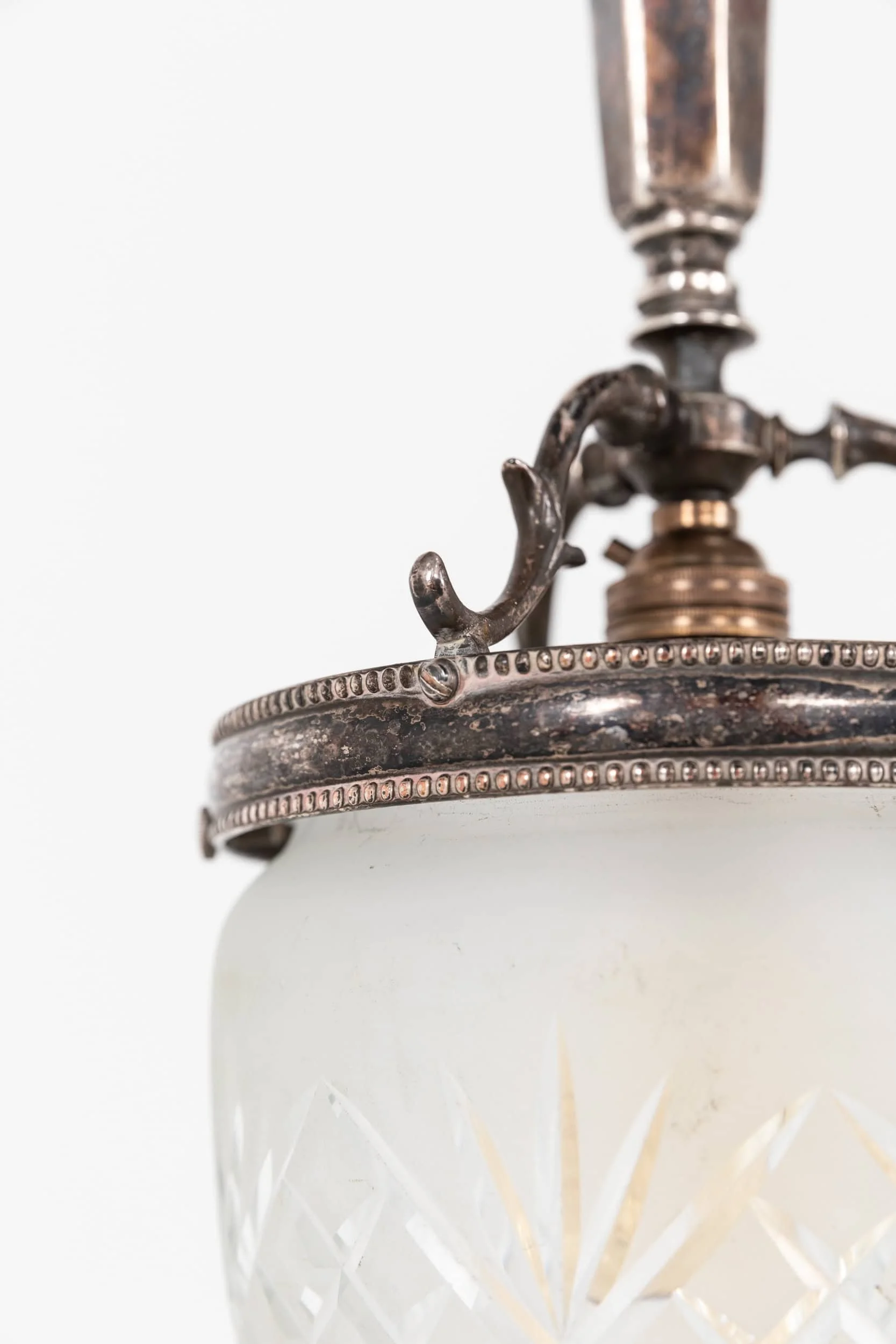 Antique Early 20th Century Silver Plated Frosted Cut Glass Pendant Light (11).jpg