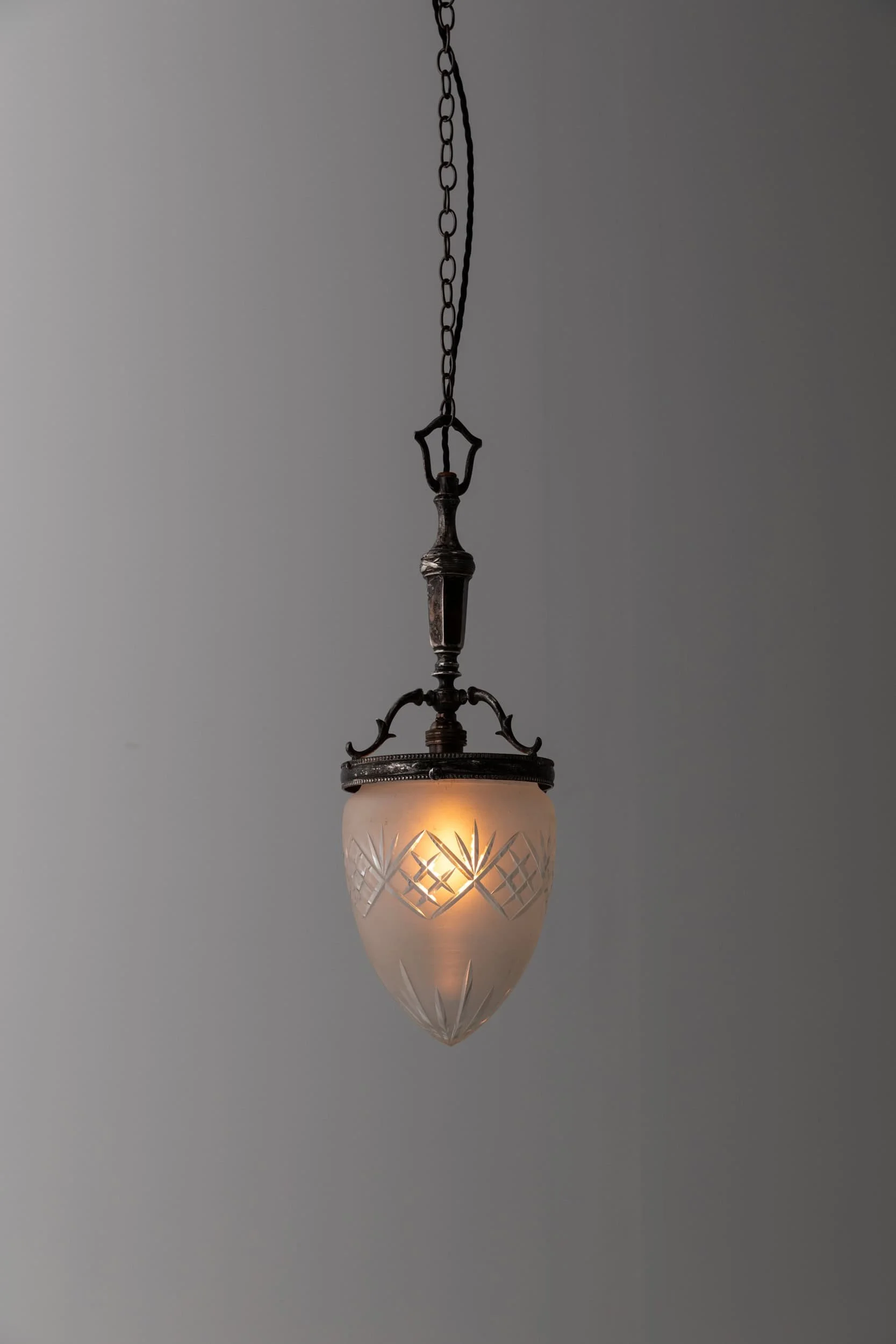 Antique Early 20th Century Silver Plated Frosted Cut Glass Pendant Light (13).jpg