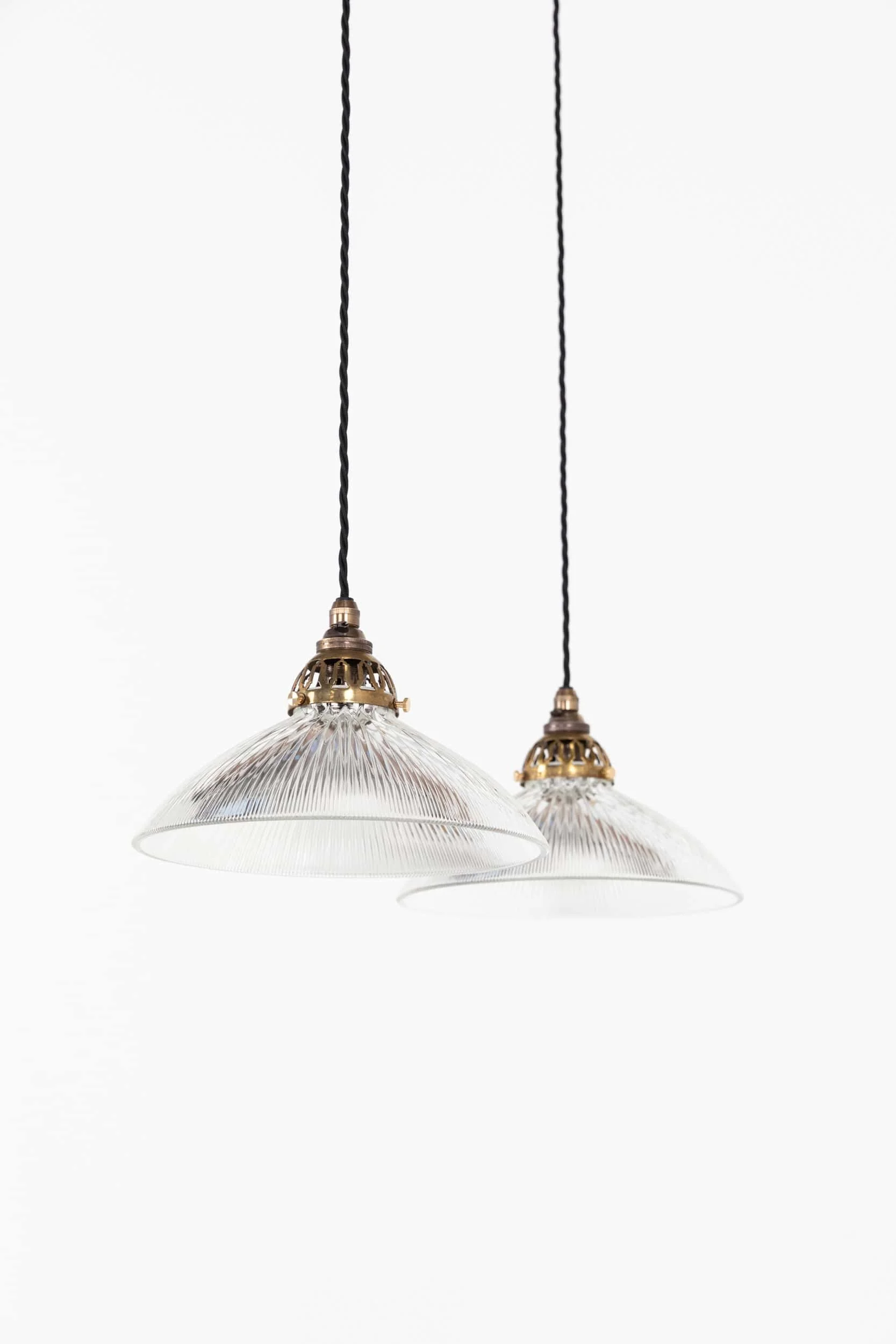 Pair of Flared Holophane Prismatic Glass Pendant Lights