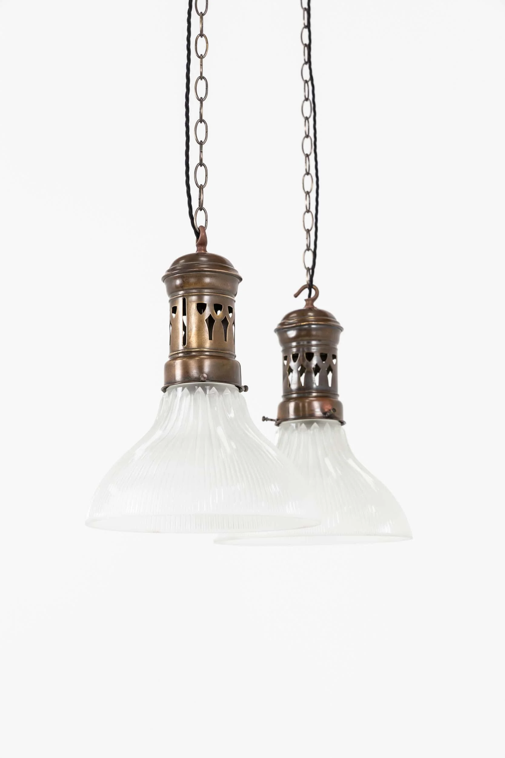 Pair of Holophane Prismatic Glass Pendant Lights