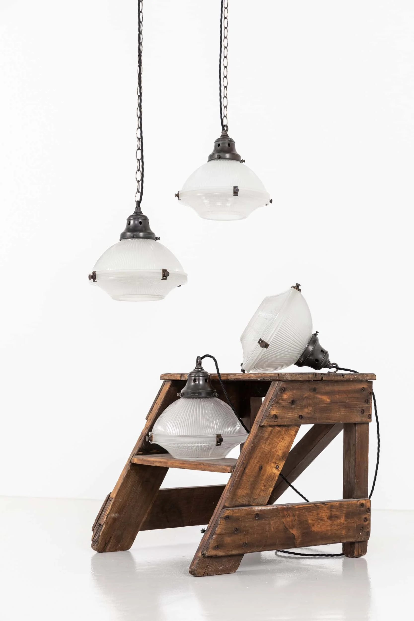 Run of 10 Inch Prismatic Glass Holophane Pendant Lights (1).jpg