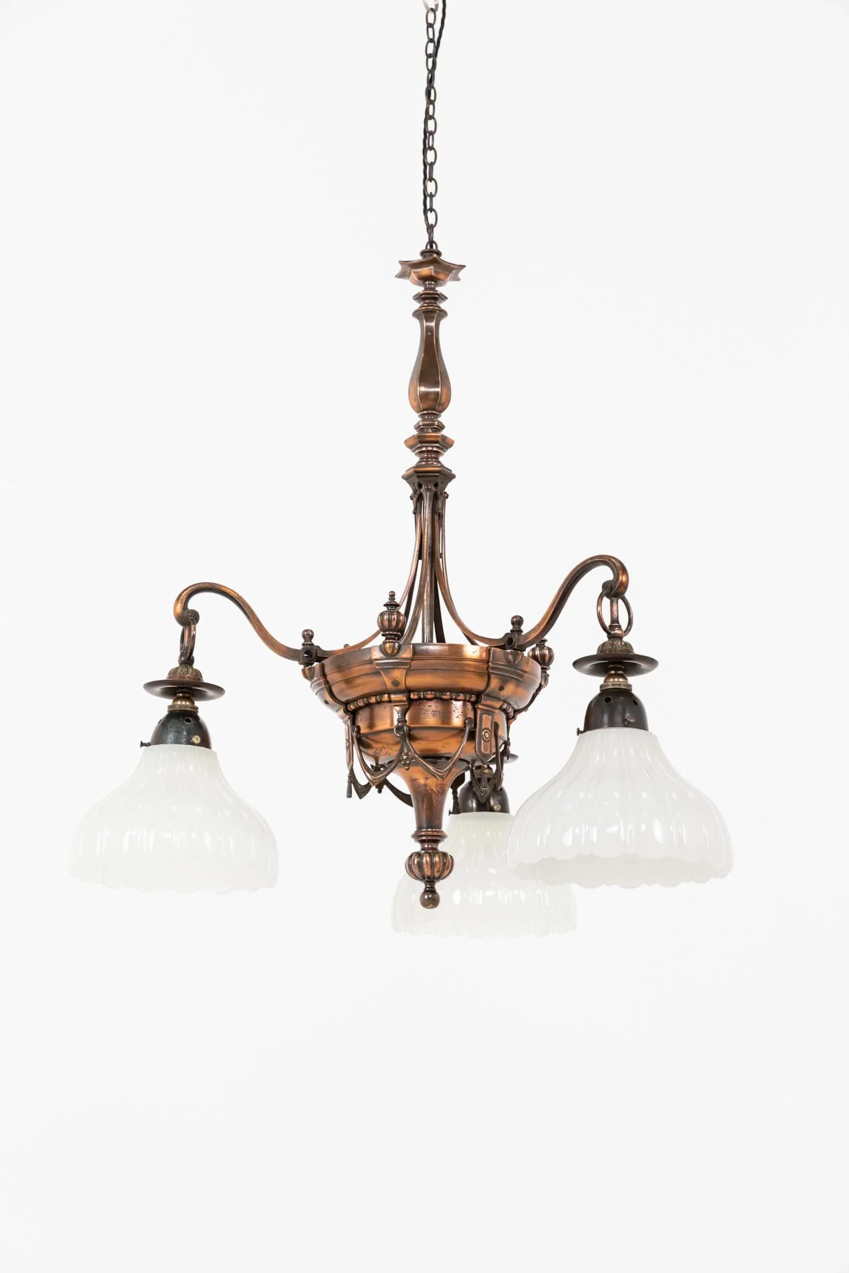 Antique Copper Early GEC Large Three-Arm Electrolier Light (1).jpg