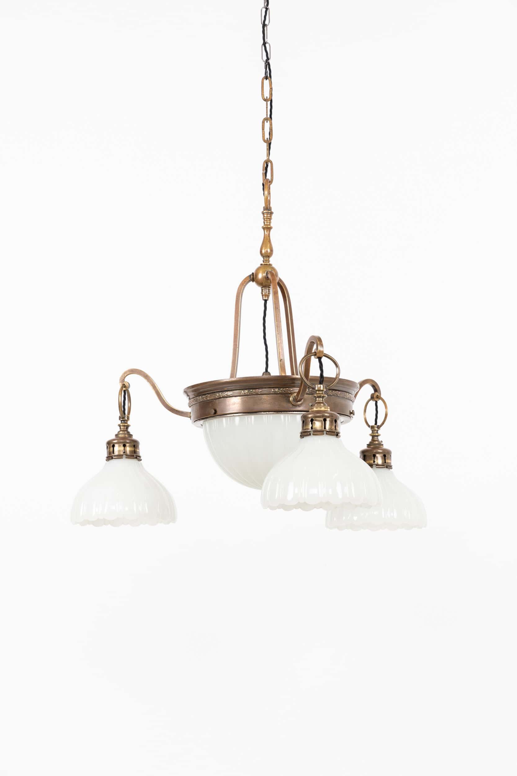 Antique Brass and Glass GEC Moonstone Chandelier Light (1).jpg