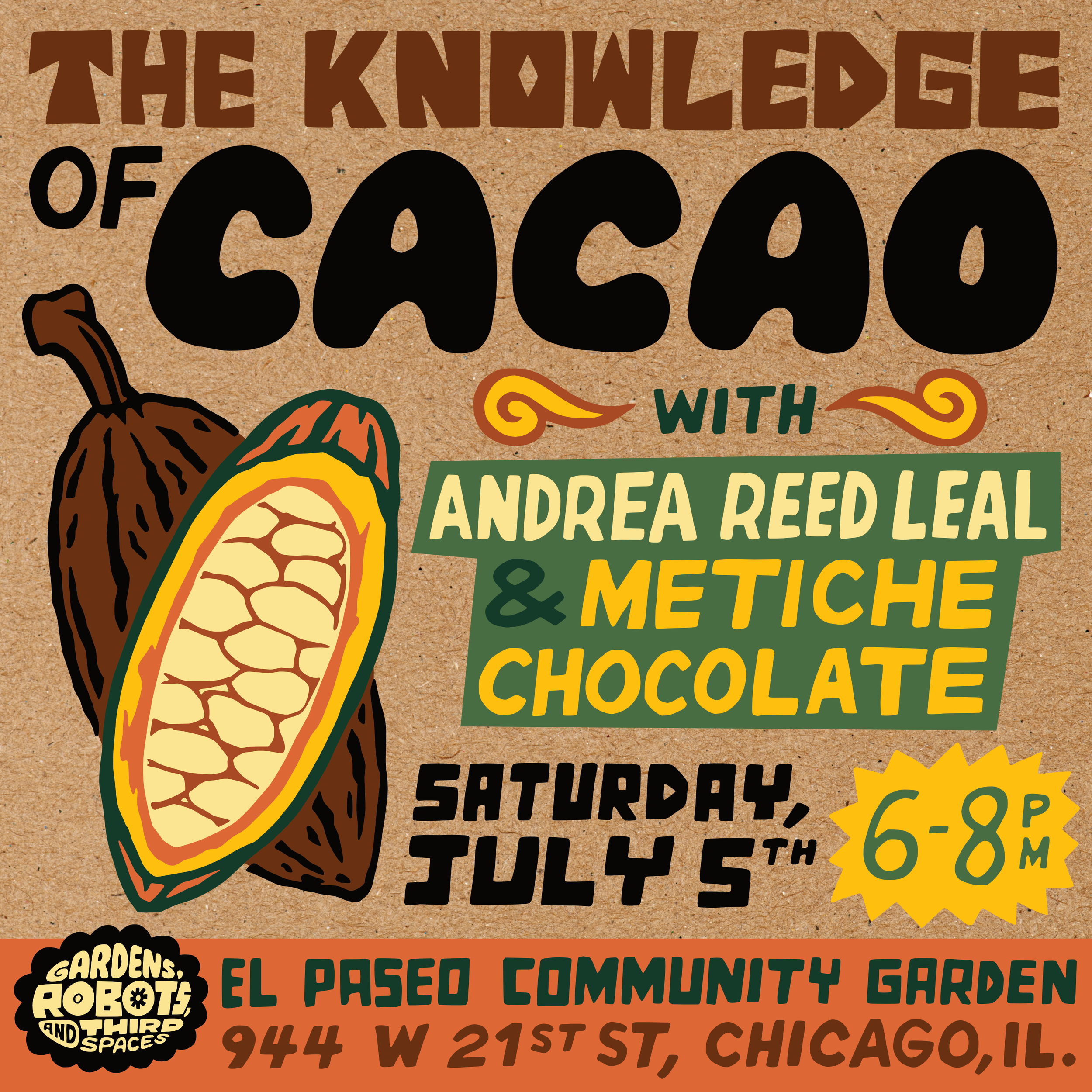 Colorful illustrated poster for a Halloween event featuring pumpkins, a snake, and decorative swirls, with text about a Día de los Muertos celebration.