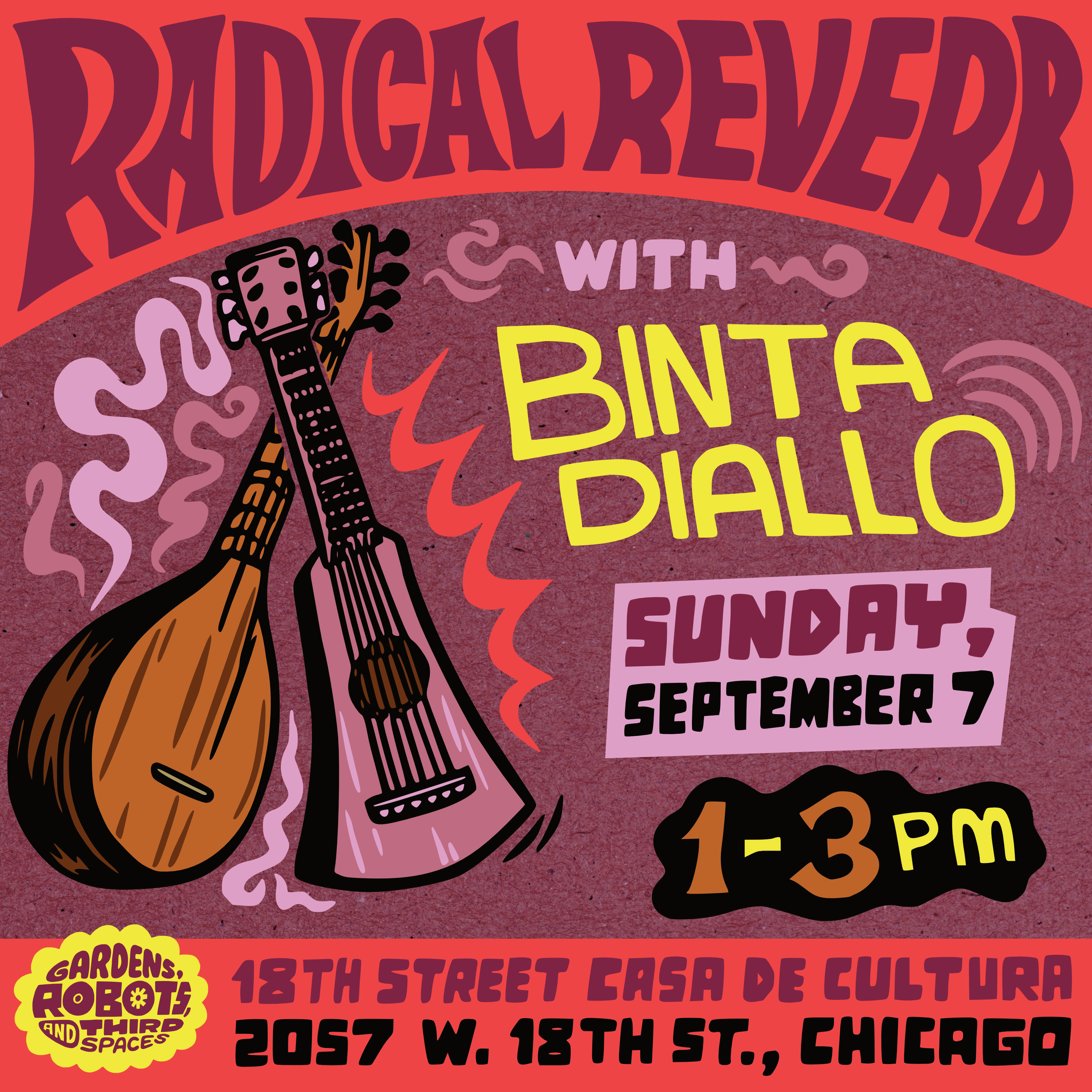 A colorful, illustrated poster promoting a festival with a guitar, musical notes, and swirling patterns, including text about the event date and location.