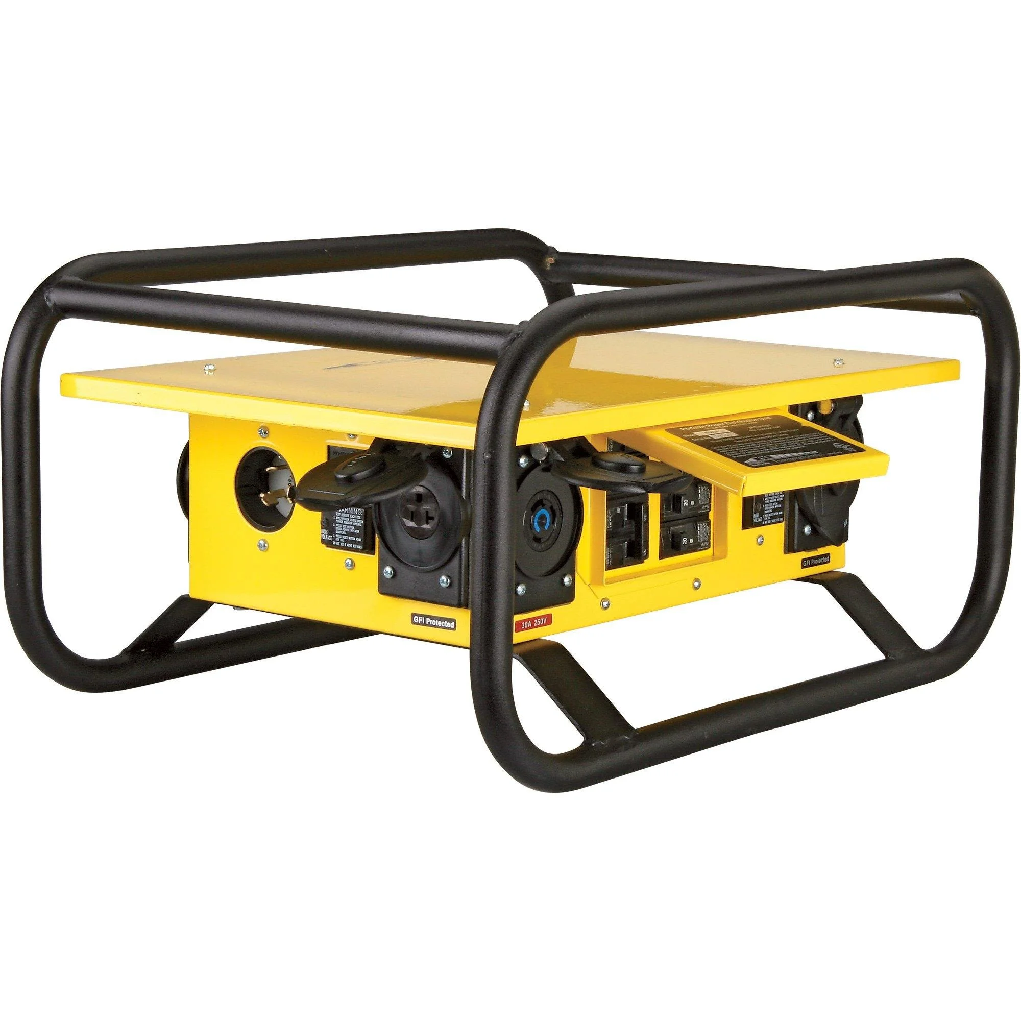 CEP Southwire 8706UGCX 50A GFCI temporary power distribution box with yellow steel enclosure, black protective roll cage, and California-style power connections