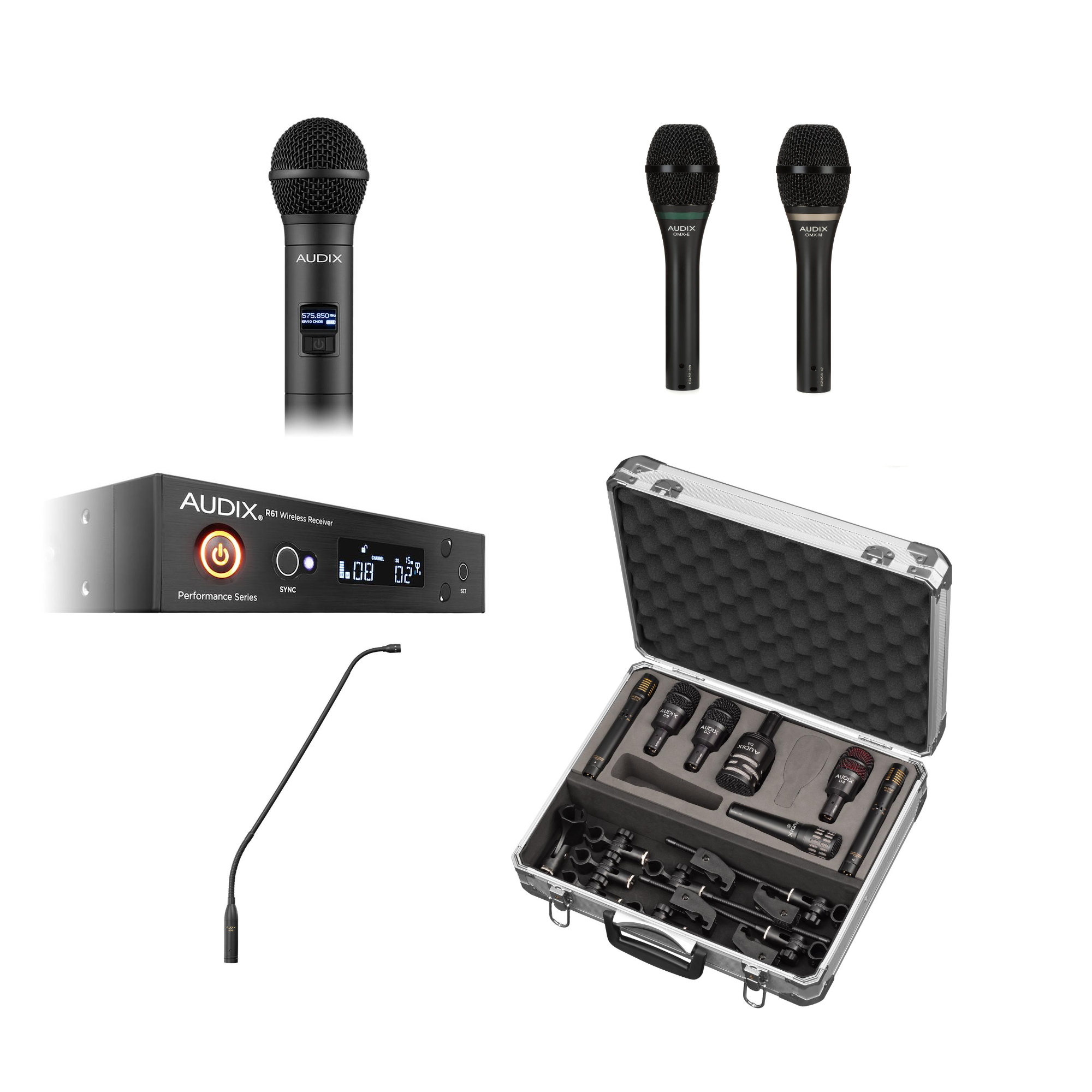Audix professional wireless microphone system, handheld vocal microphone, drum microphone kit, and specialty instrument microphones on a white background. Explore professional wired and wireless microphones from Haye Productions.