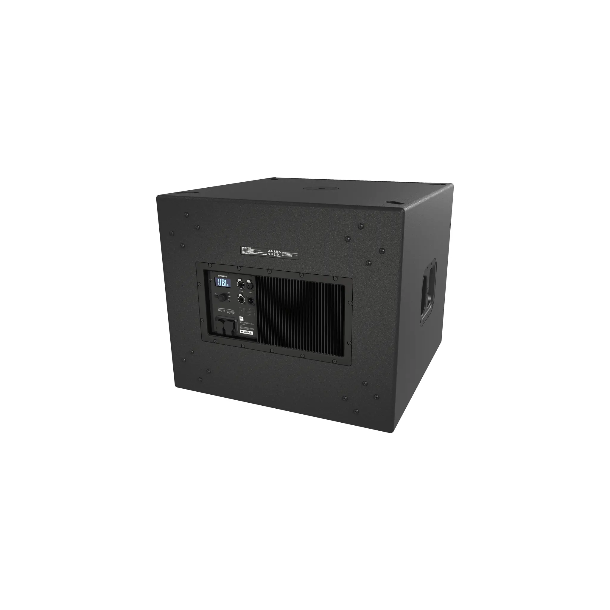 JBL SRX918S single 18-inch powered subwoofer with Differential Drive®, 1,100W Class‑D power, deep low‑frequency output, and full DSP control for pro audio systems. JBL SRX 918S back right.png