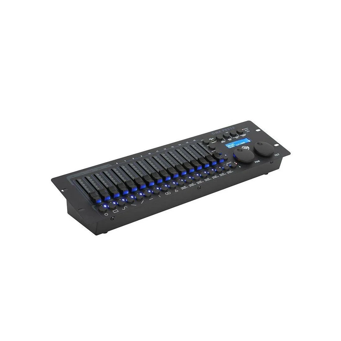 ADJ DMX FX512 professional lighting controller with channel faders, effects controls and DMX output, available for rental from Haye Productions.