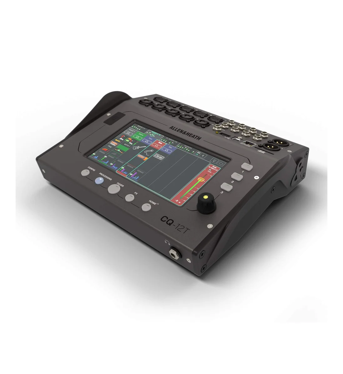 Allen & Heath CQ-12T compact digital audio mixer with 7-inch touchscreen and integrated audio connections.
