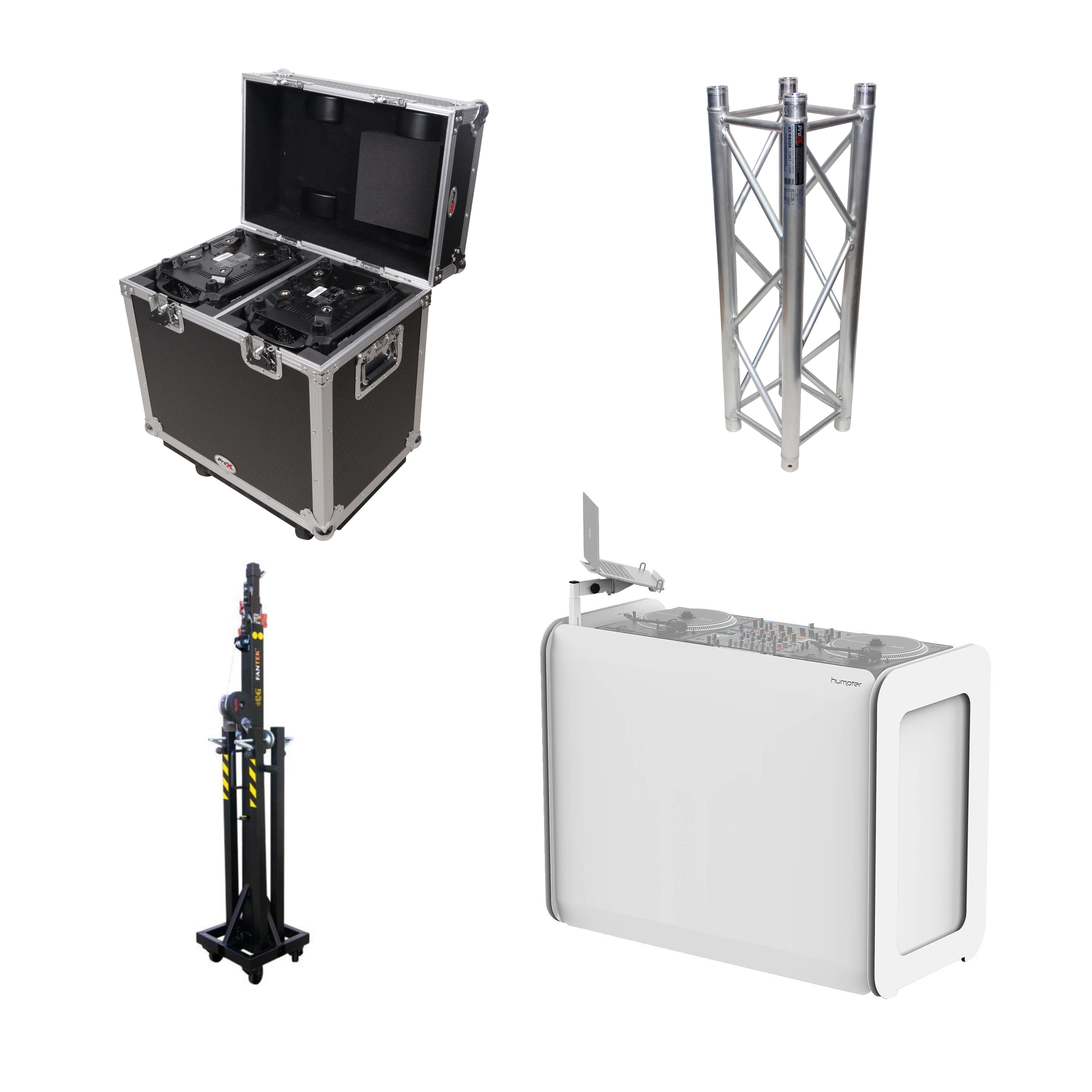 Professional production equipment featuring an open ProX road case, aluminum conical truss, crank-up equipment lift, and Humpter DJ booth on a white background. Explore road cases, trussing, stands, and staging accessories from Haye Productions.