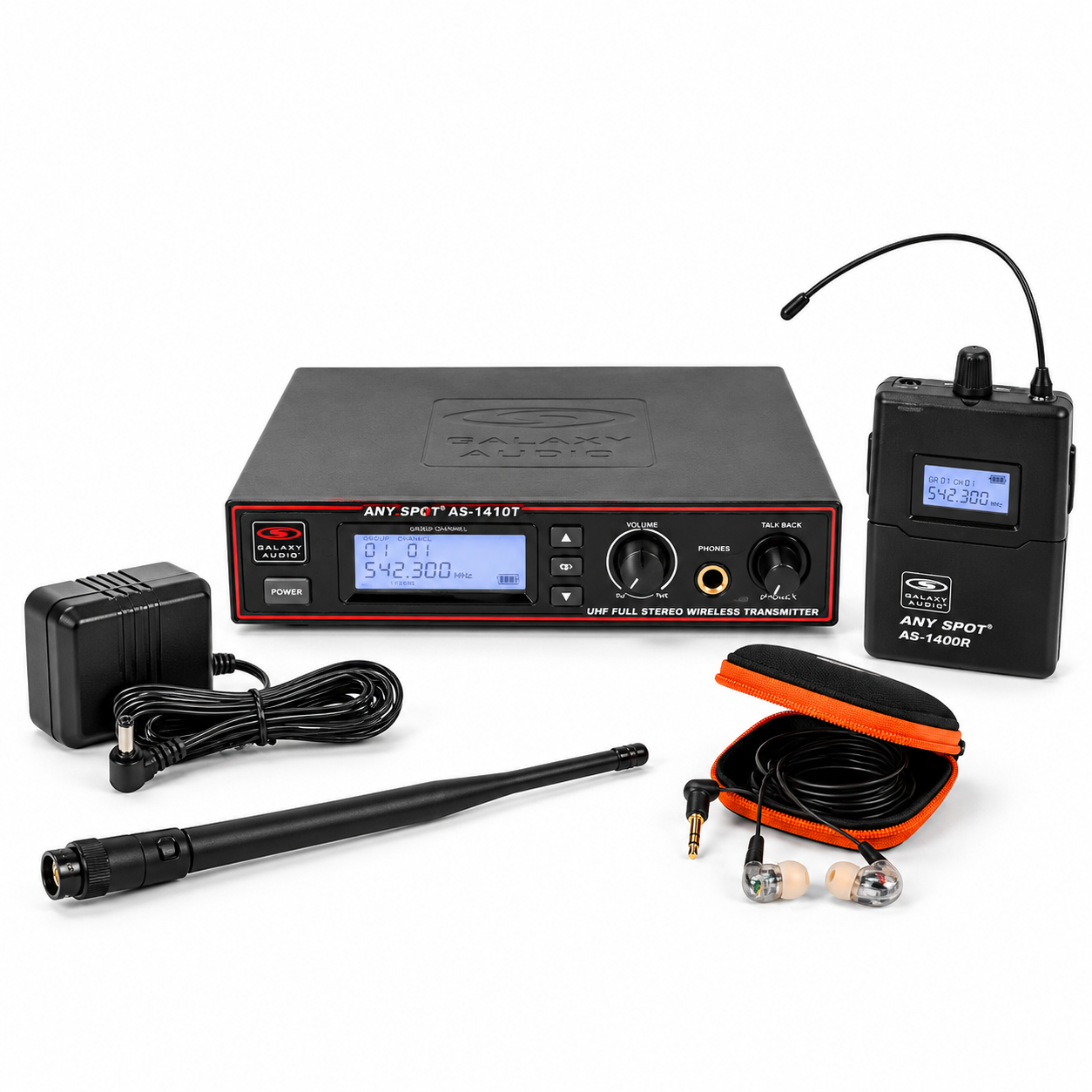 Galaxy Audio AS-1410 wireless in-ear monitor system with rackmount transmitter, wireless beltpack receiver and EB10 earbuds available for rental from Haye Productions.