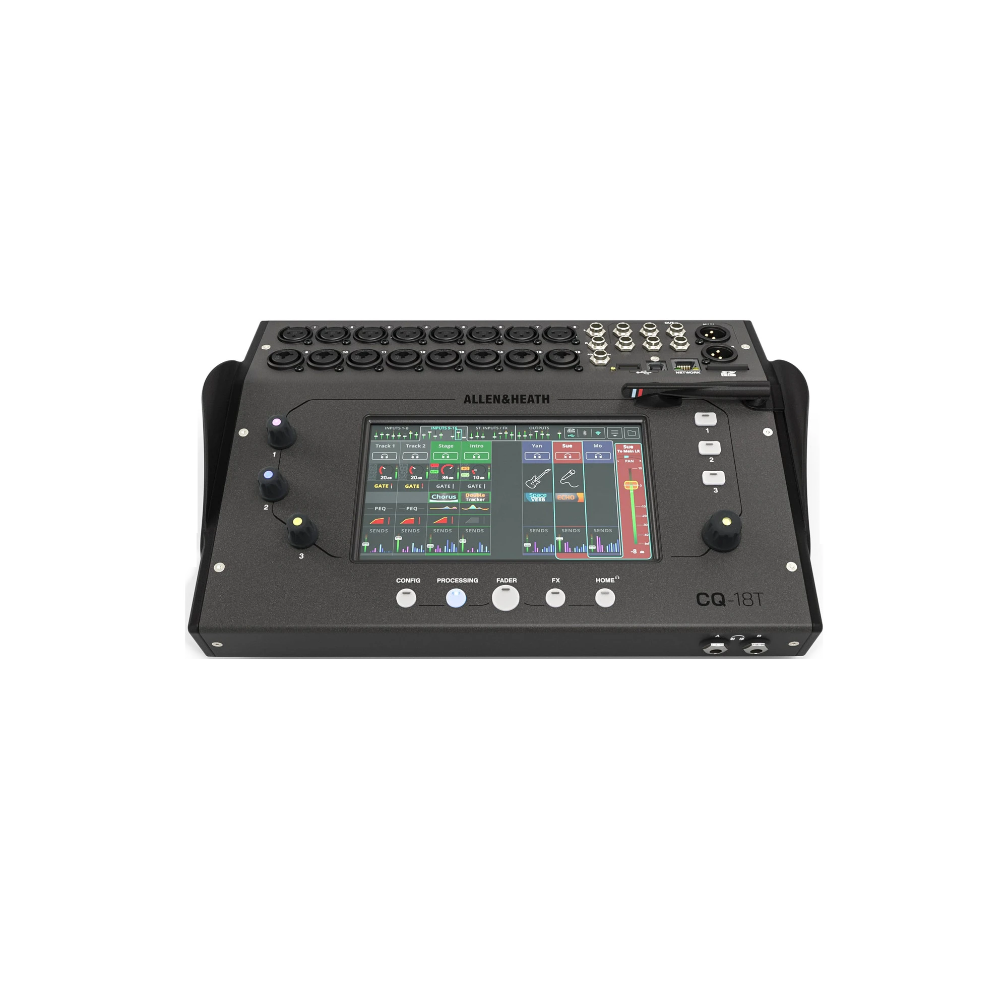 Allen & Heath CQ-12T compact digital audio mixer with 7-inch touchscreen and integrated audio connections.